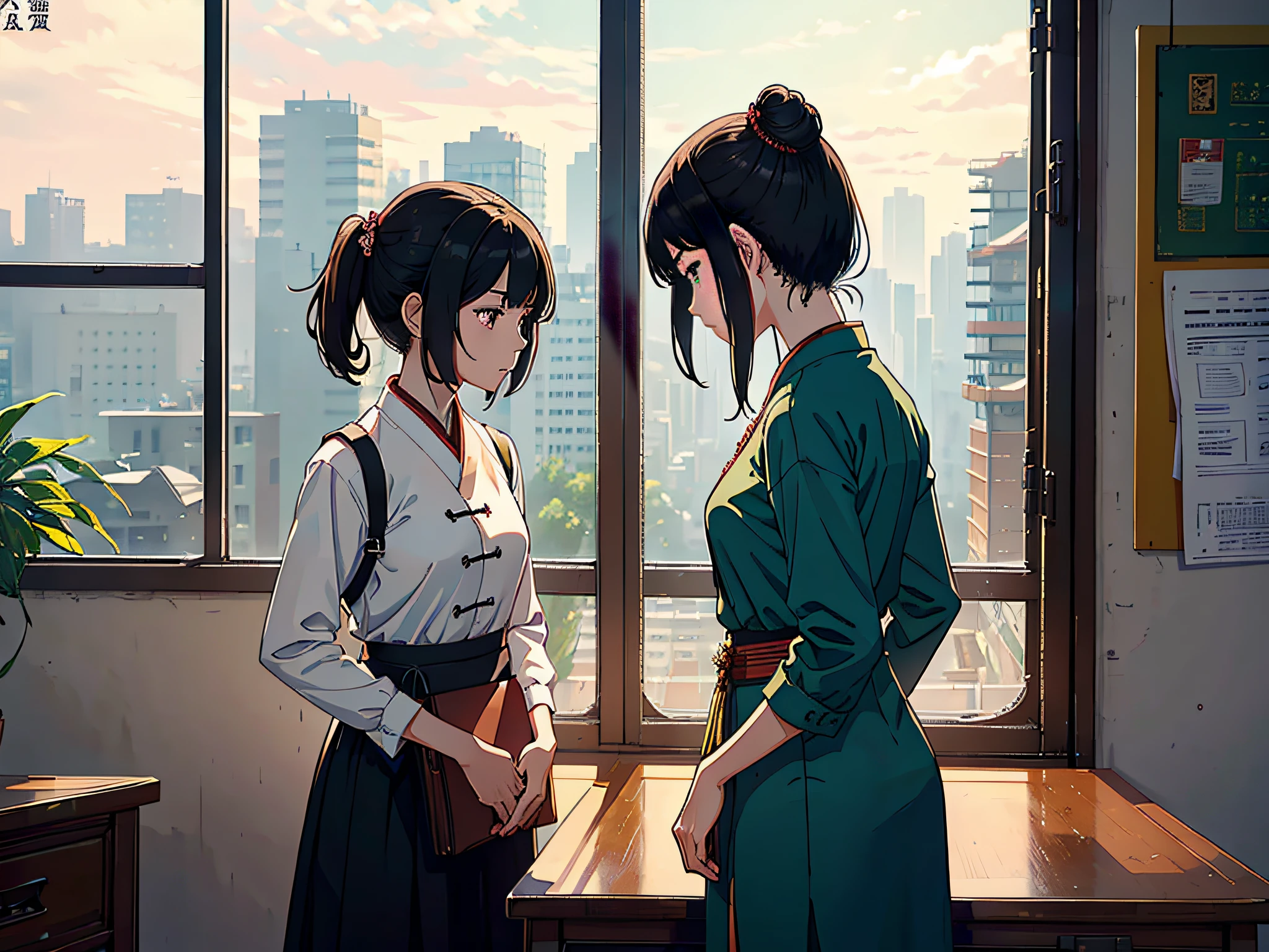 Inside the noon classroom, two female proctors are standing in the classroom, holding top-secret file bags, two female proctors are wearing formal clothes and short black hair, this female proctor looks at the camera, the lens is mainly characterized by the upper body, in the Loepfe art style ((Xinhai City), popular in CGStation, Shinhaicheng H 2160, inspired by Bian Shoumin, Xinhaicheng, Kavasi, Guwitz's style, high-quality pictures, 4K, 8K, resolution