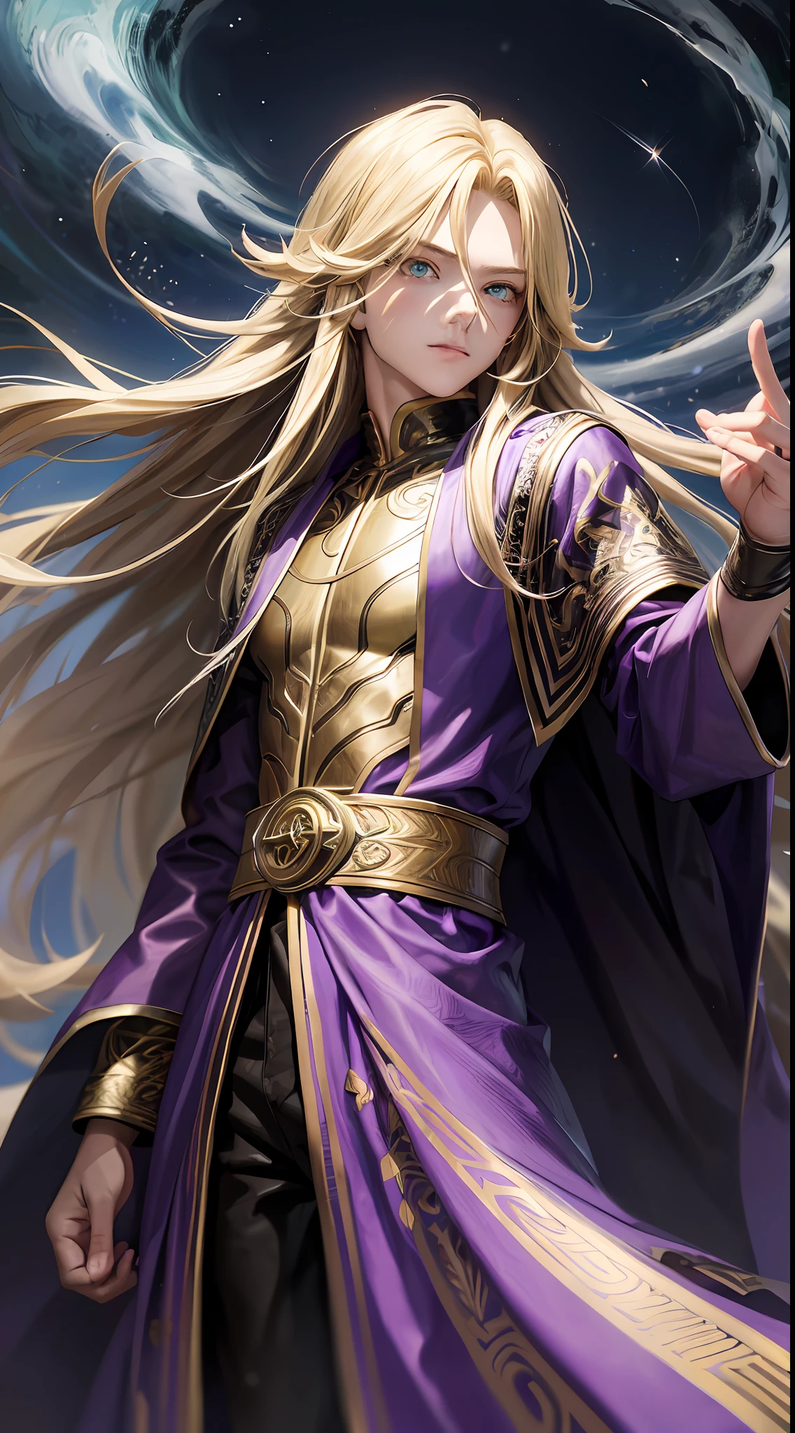 Young boy, long blonde hair, green eyes, purple robe, super speed, masterpiece, high quality