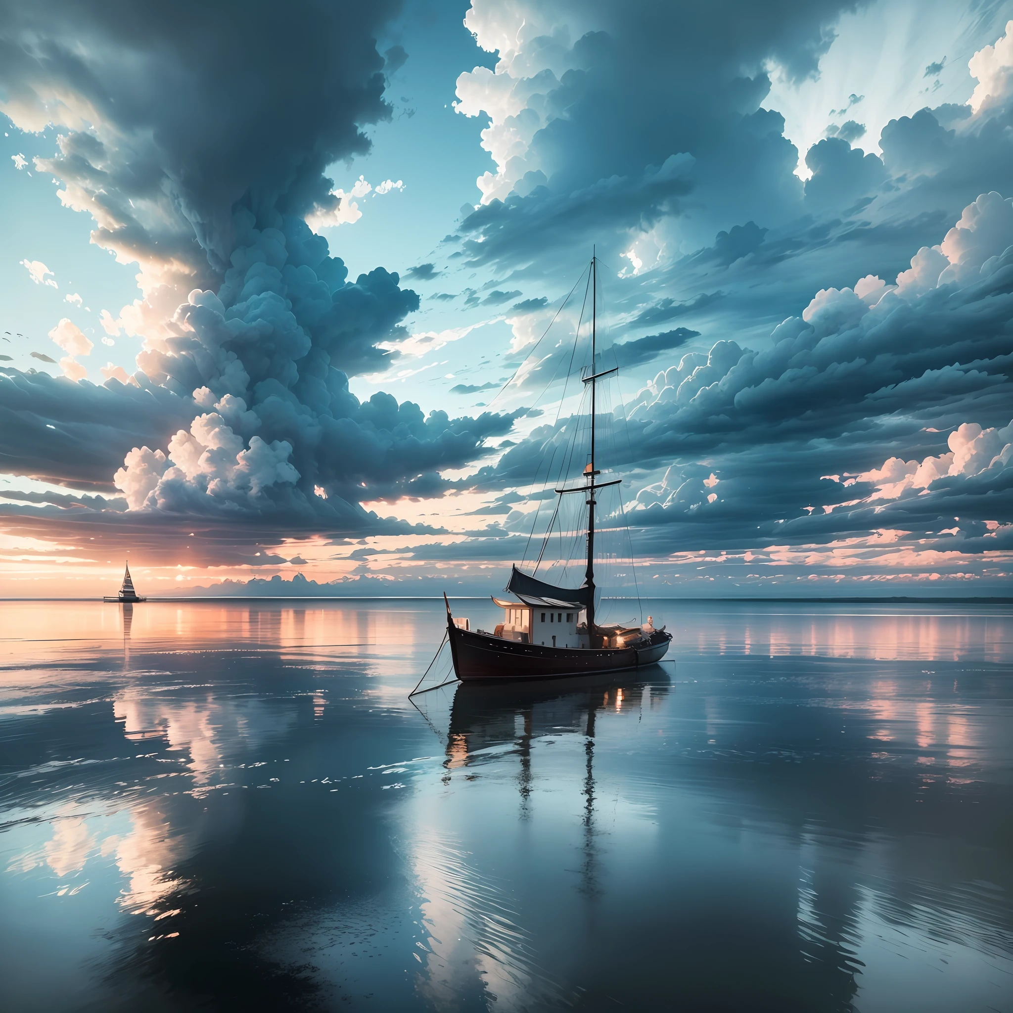 (Real photo: 1.3), shutter, romantic style, boat floating in water, cloudy sky, atmosphere, high in the sky, layers of clouds and atmosphere (detailed cloud scene: 1.3), dramatic clouds and atmosphere blending, atmospheric fantasy rising in the sky. --auto --s2