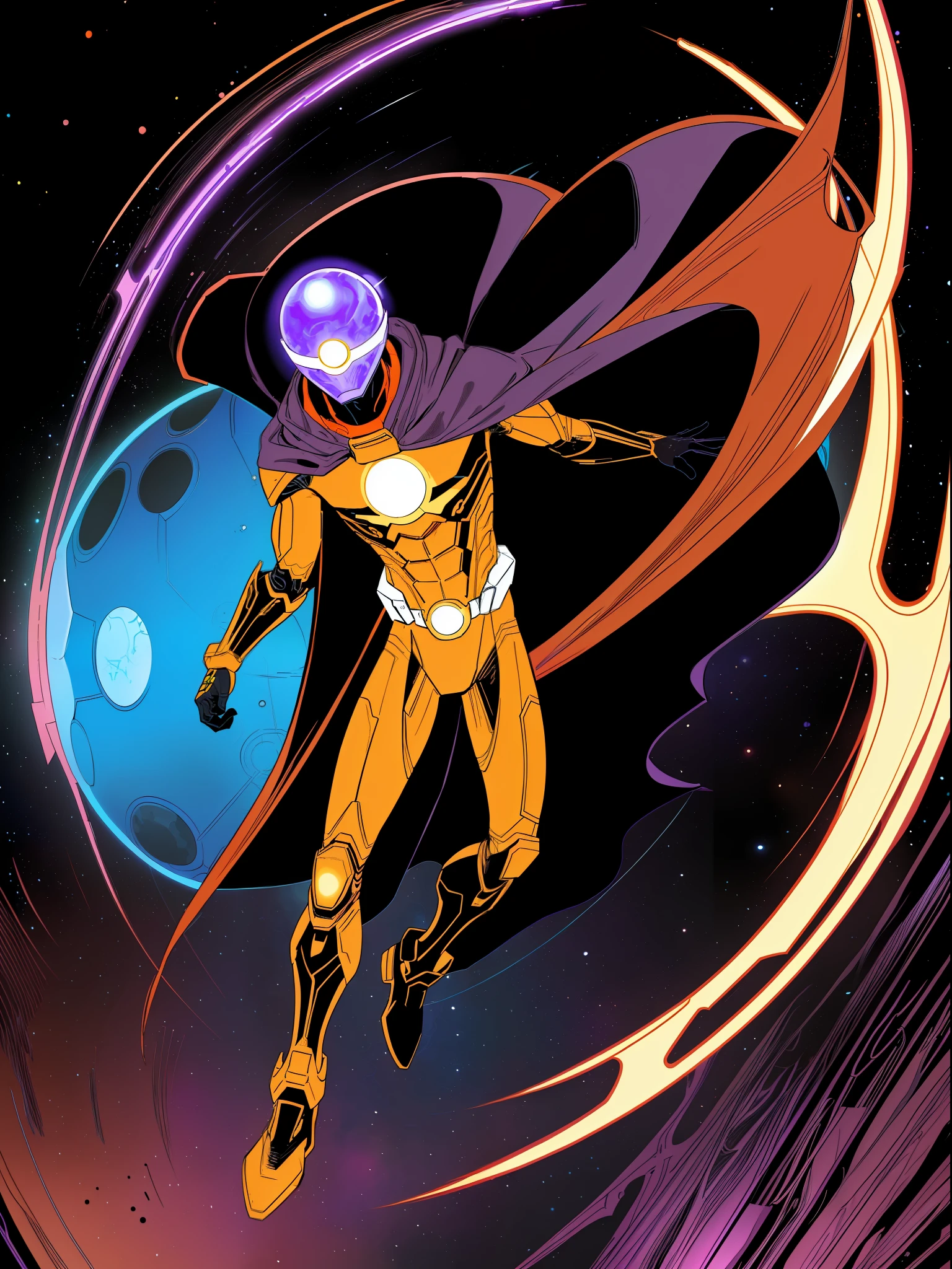 1 boy, (comic style:1.3), (line art:1.5), (battle scene),(masterpiece, award winning, best quality:1.3), (solo), an evil space god (headless), in space, no head, sphere replacing head, wearing purple and orange spandex, futuristic cape, cinematic, masterpiece, detailed background, detailed material textures, negative space, (art by Jim Lee), serious