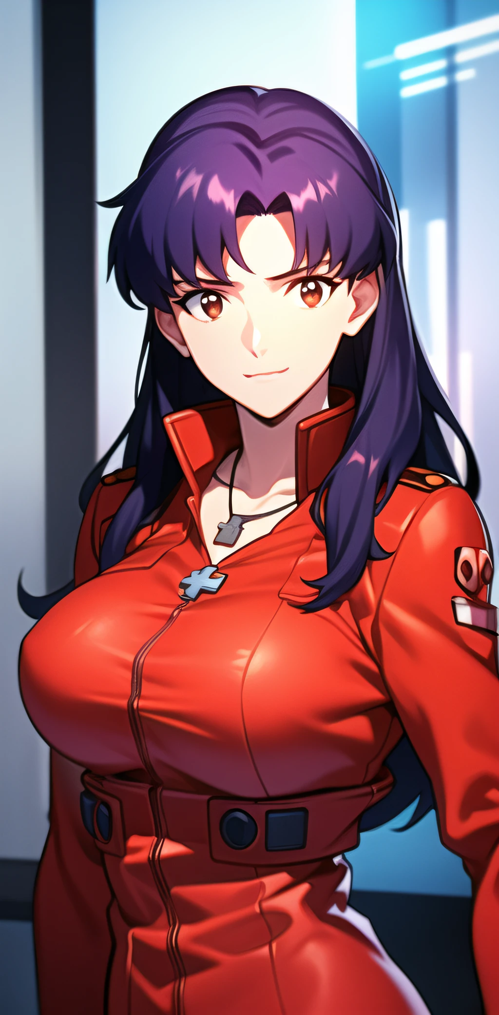 masterpiece, best quality,extremely_detailed_CG_unity_8k_wallpaper,extremely detailed_eyes,,evangelion: 3.0 you can \(not\) redo,1girl, solo,  Katsuragi_Misato, brown eyes,indigo hair,big_breasts, cross_necklace ,red jacket, mature female,aged up,upper body,