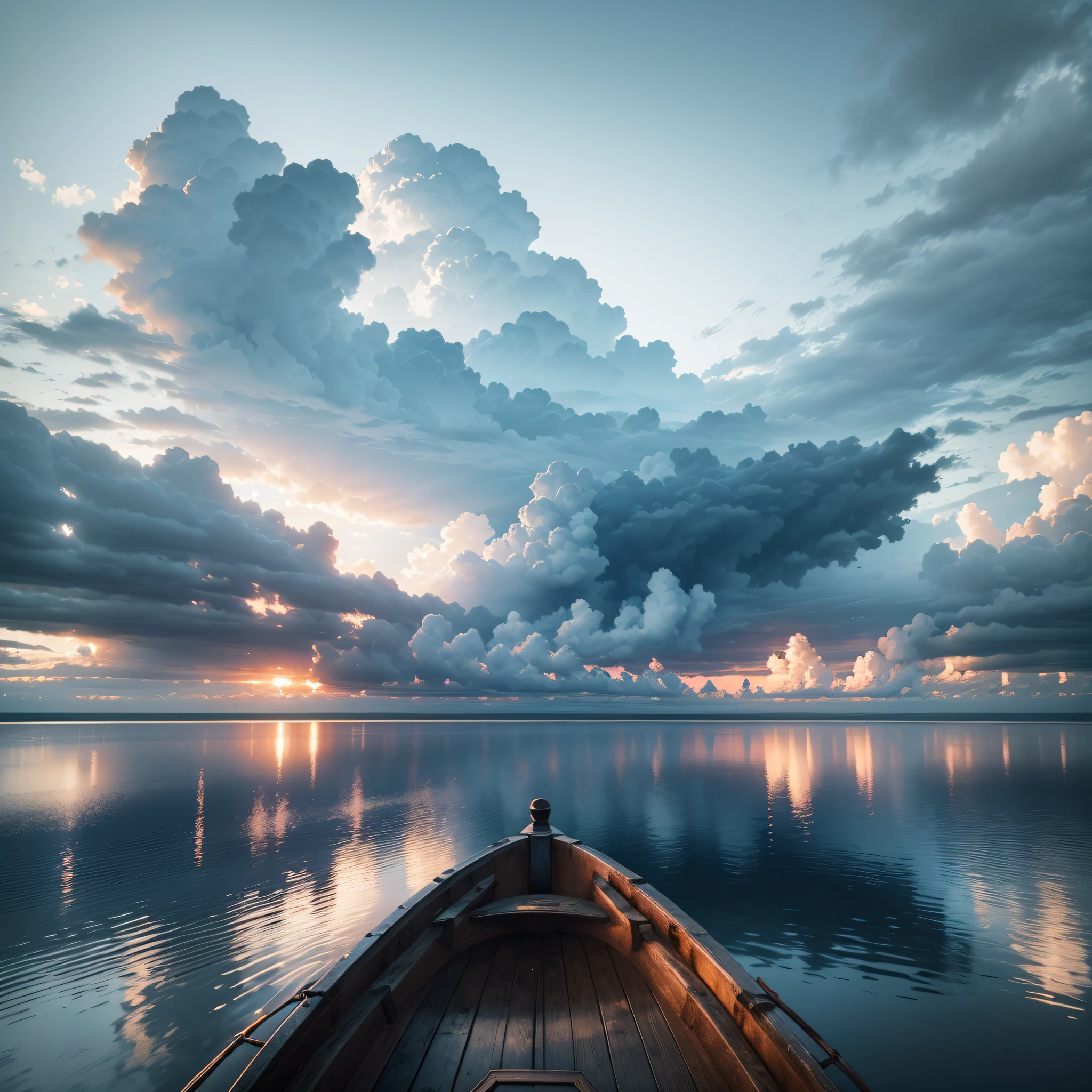 (Real photo: 1.3), shutter, romantic style, boat floating in water, cloudy sky, atmosphere, high in the sky, layers of clouds and atmosphere (detailed cloud scene: 1.3), dramatic clouds and atmosphere blending, atmospheric fantasy rising in the sky. --auto --s2