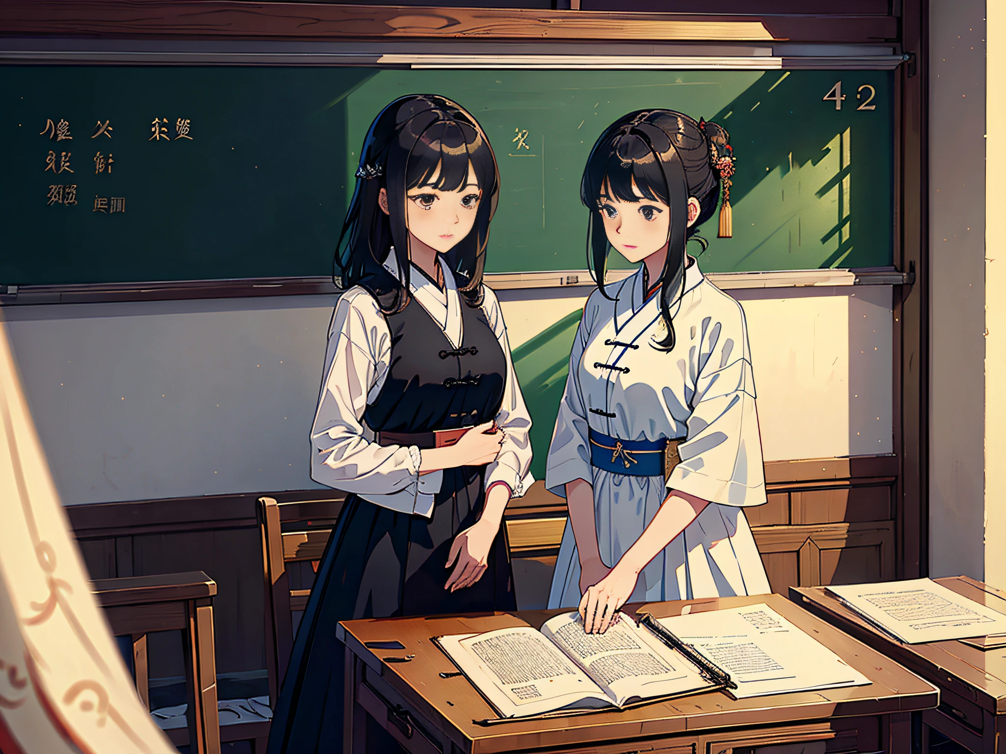 Inside the noon classroom, two female proctors are standing in the classroom, holding top-secret file bags, two female proctors are wearing formal clothes and short black hair, this female proctor looks at the camera, the lens is mainly characterized by the upper body, in the Loepfe art style ((Xinhai City), popular in CGStation, Shinhaicheng H 2160, inspired by Bian Shoumin, Xinhaicheng, Kavasi, Guwitz's style, high-quality pictures, 4K, 8K, resolution