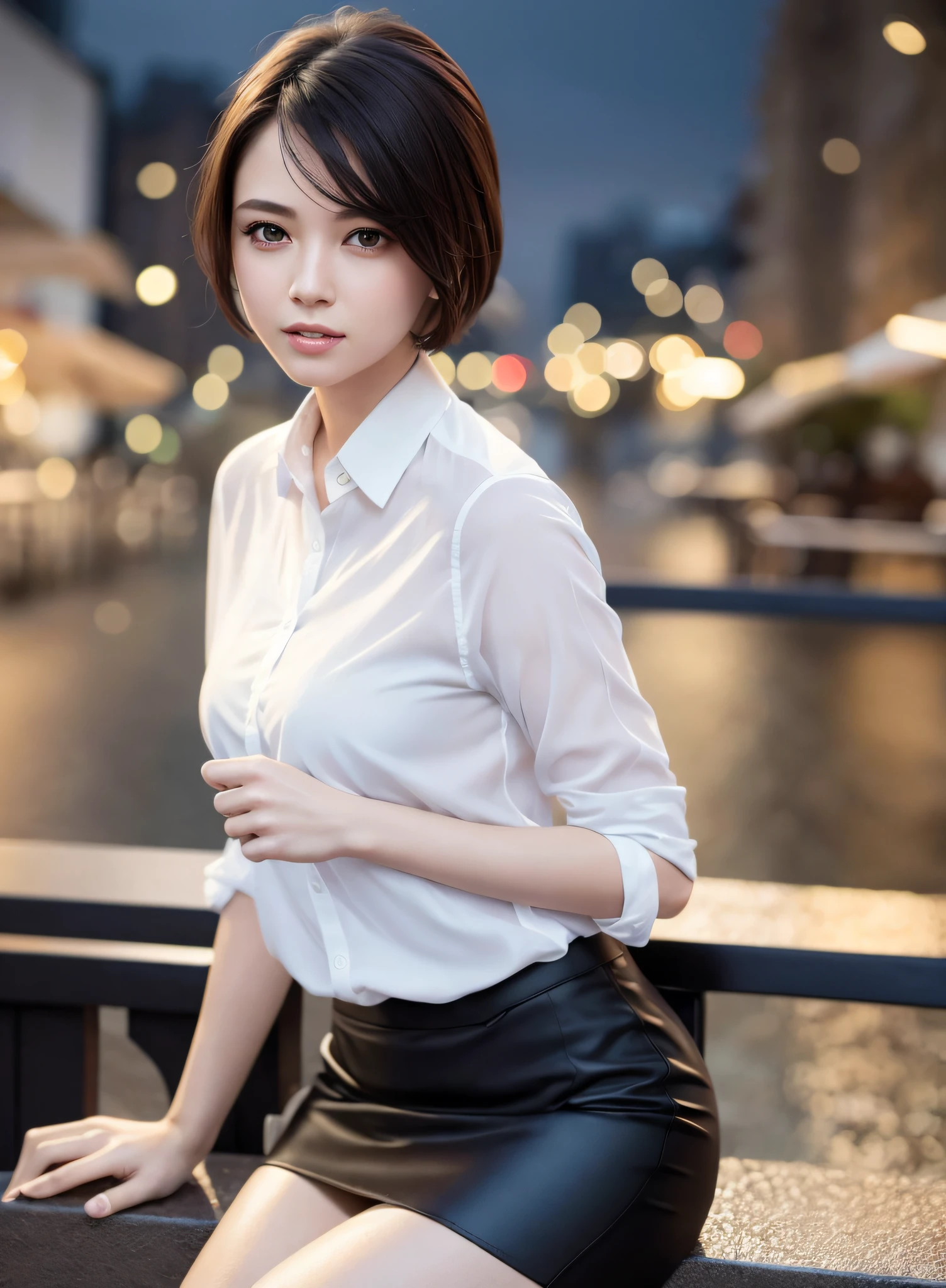 (8k, Best Quality, Masterpiece: 1.2), (Realistic, Photorealistic: 1.37), Super Detailed, 1 Girl, Cute, Alone, Beautiful Detailed Sky, Detailed Cafe, Night, Sitting, Date, ( Nose blush), (smile: 1.15), (close mouth) small breasts, beautiful details, (collared shirt: 1.1), night, wet, business wear, rain, white lace, (short hair: 1.2), floating Hair NovaFrogStyle,