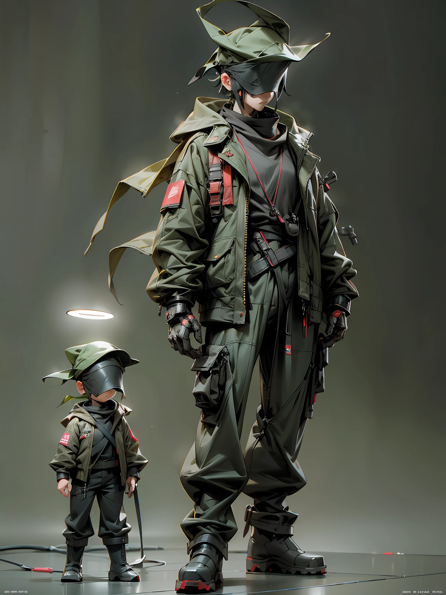 Boy, cool, green and red, cap, jacket, wide leg pants, boots, full body, blind box style, black background, center, ip by POPmart, physical blind box, edge light, octane rendering, ultra hd, clay material, clean background