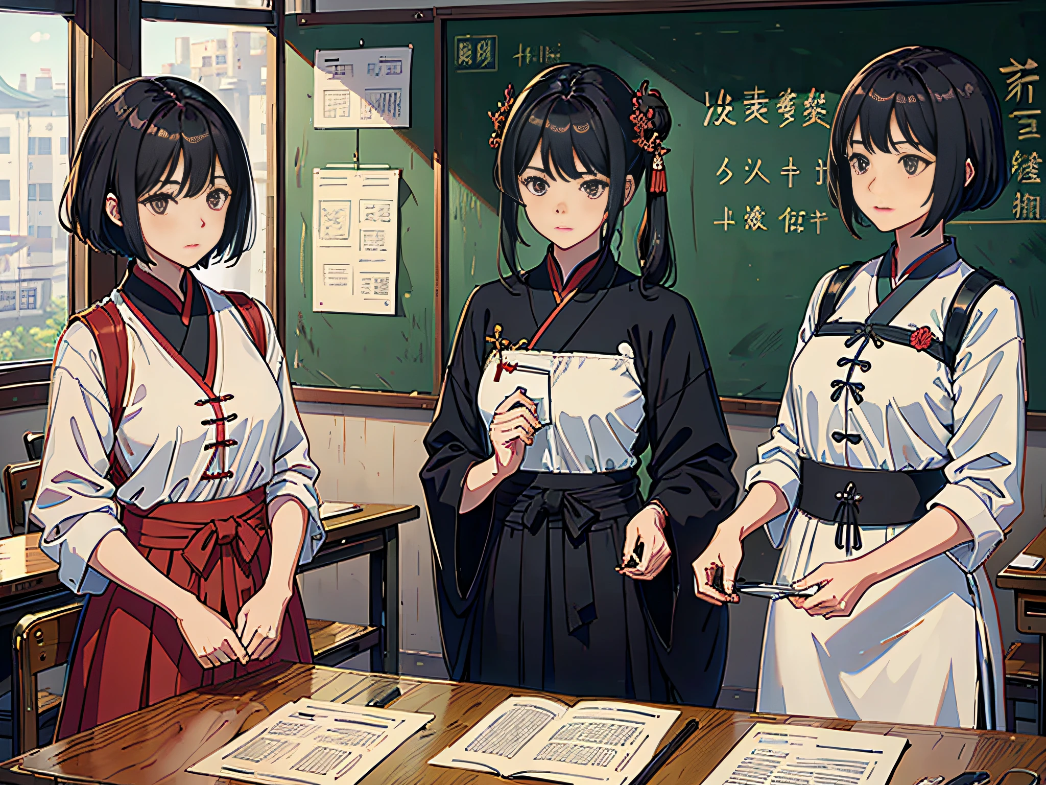 Inside the noon classroom, two female proctors are standing in the classroom, holding top-secret file bags, two female proctors are wearing formal clothes and short black hair, this female proctor looks at the camera, the lens is mainly characterized by the upper body, in the Loepfe art style ((Xinhai City), popular in CGStation, Shinhaicheng H 2160, inspired by Bian Shoumin, Xinhaicheng, Kavasi, Guwitz's style, high-quality pictures, 4K, 8K, resolution
