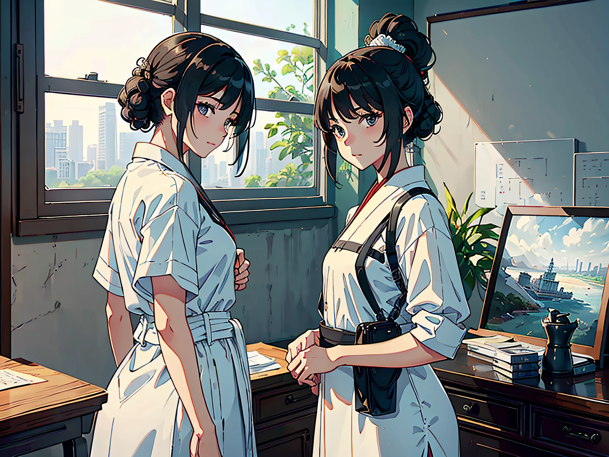 At noon, two female invigilators are standing in the classroom, holding top-secret file bags, two female proctors wearing short-sleeved white shirts, white formal suits, white shirts, black short hair, this female invigilator looks at the camera, the lens is mainly characterized by the upper body, in the Loepfe art style ((Xinhai City), popular in CGStation, Xinhaicheng H 2160, inspired by Bian Shoumin, Xinhaicheng, Kavasi, Guwitz's style, high-quality pictures, 4K, 8K, resolution,