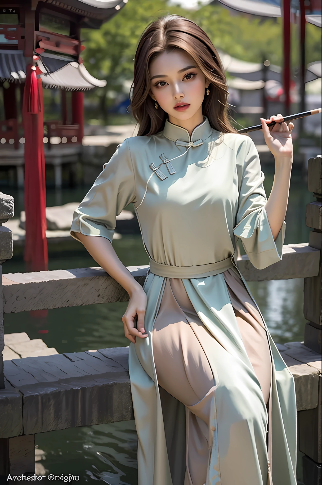 nsfw, 8K raw photo, Best quality, masterpiece, ultra high res, looking at viewer, (long brown hair:1.2), natural skin texture, realistic eye and face details, rouge \(makeup\), full lips, parted lips, lipstick, beautiful legs, tall female, skinny, slim_legs, thigh_gap, model, medium breasts, Chinese style courtyard, outdoors, China Dress,