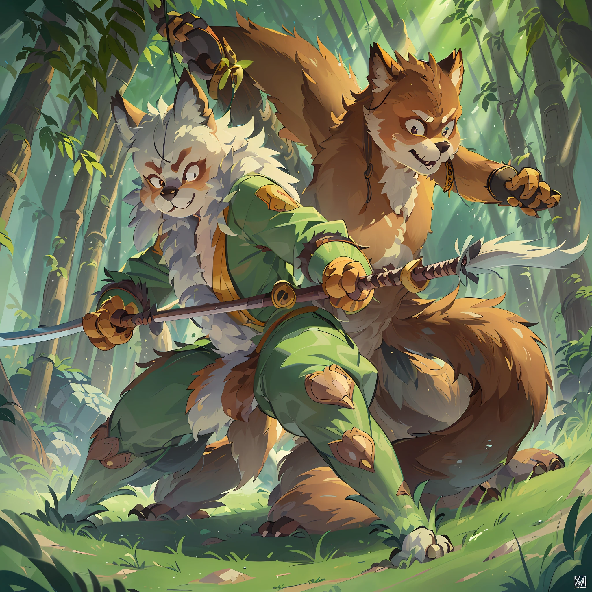 Top quality, ultra-fine illustrations (bamboo forest, rays of light through between bamboo) (beautiful face and eyes with great detail) absurdres perfect anatomy ((Beastman)))) (Beastman Beastwoman, furry japanese kimono ninja katana sword duel battle, slash effects) (furry anthro:1.7) ((((furry body, animal facial features, animal body features)))) ((((animal muzzle highly detailed fur)))) full body, smile (dynamic pose),