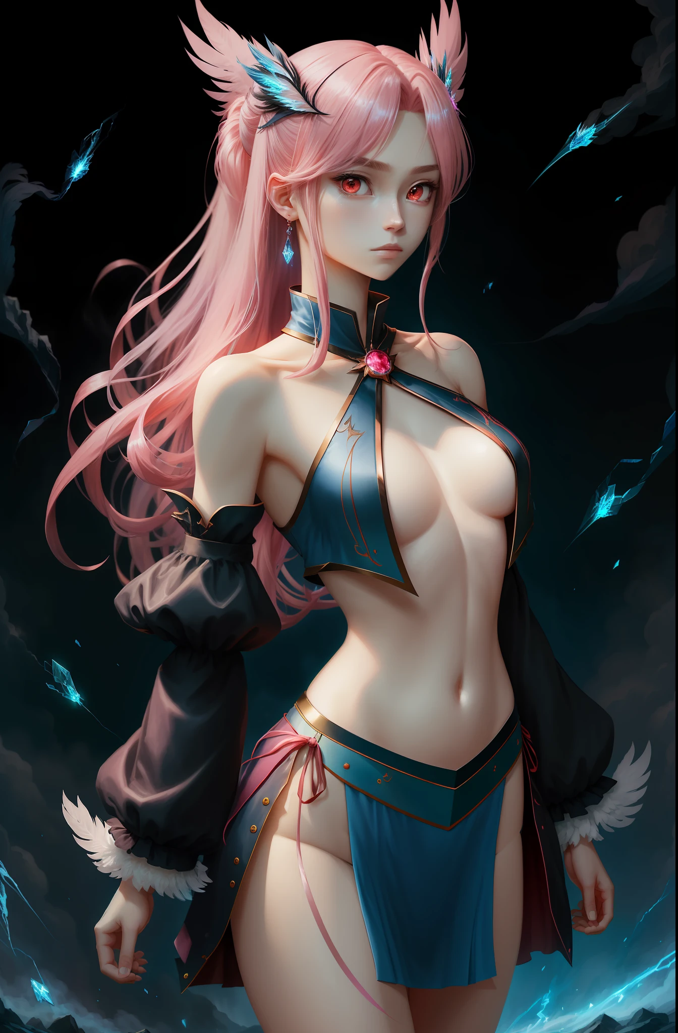 Masterpiece, top quality, pink hair, blue lightning, pointing the finger at yourself. Realistic, realistic details, details. Blue clothes. Blue thunder. Blue crystal. Airborne particles. Blue smoke. Walk.
1 girl, beauty, seductive face,, fine skin, anicos_inori,, long hair, navel, parted sleeves, bare shoulders, middle opening, cleavage, middle chest, hair clip with long feathers, hair ornament, red eyes, thigh height,look at viewer,isekai,mini skirt、darkness ochi。 (nsfw:1.5),