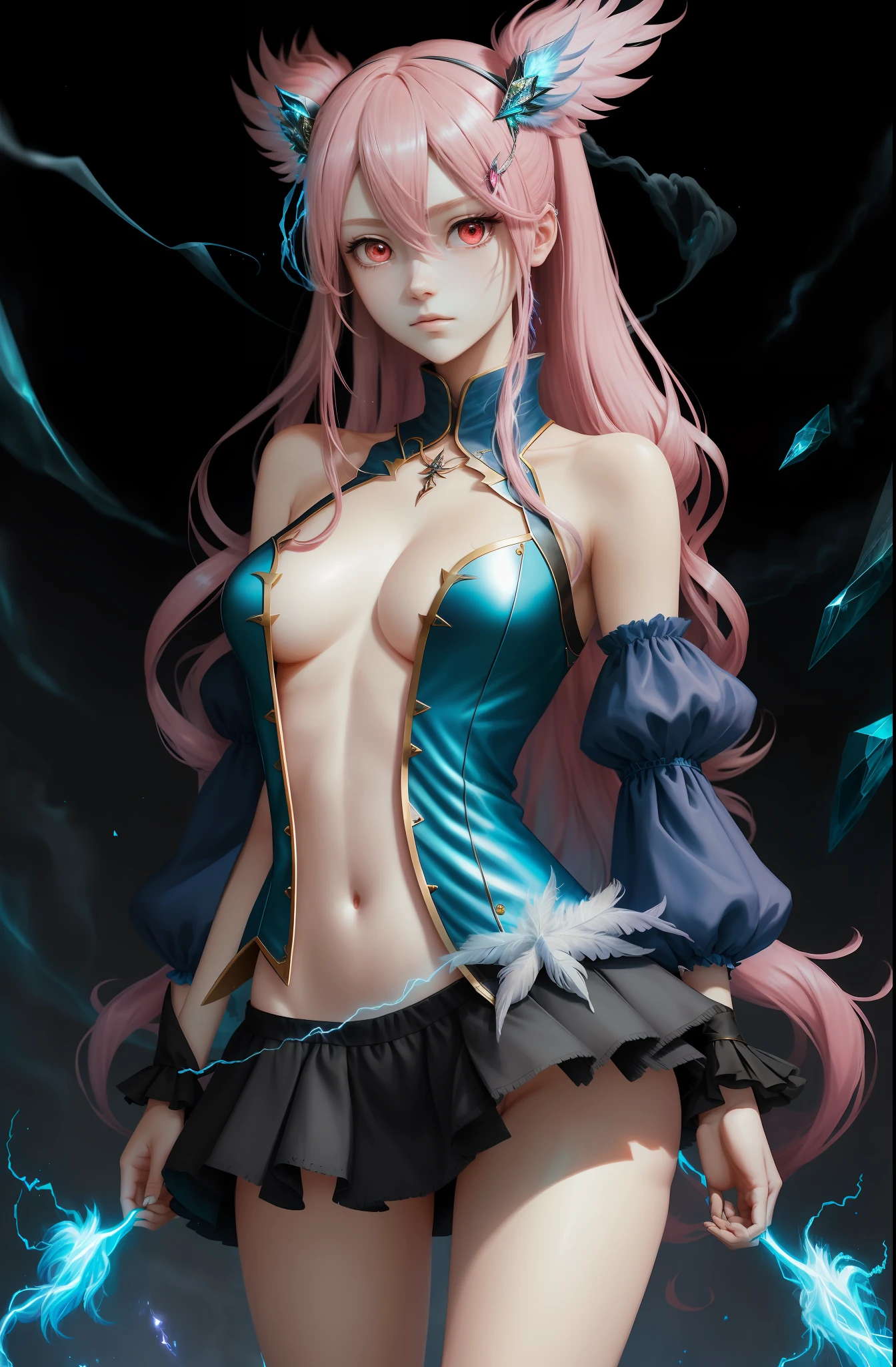 Masterpiece, top quality, pink hair, blue lightning, pointing the finger at yourself. Realistic, realistic details, details. Blue clothes. Blue thunder. Blue crystal. Airborne particles. Blue smoke. Walk.
1 girl, beauty, seductive face,, fine skin, anicos_inori,, long hair, navel, parted sleeves, bare shoulders, middle opening, cleavage, middle chest, hair clip with long feathers, hair ornament, red eyes, thigh height,look at viewer,isekai,mini skirt、darkness ochi。 (nsfw:1.5),