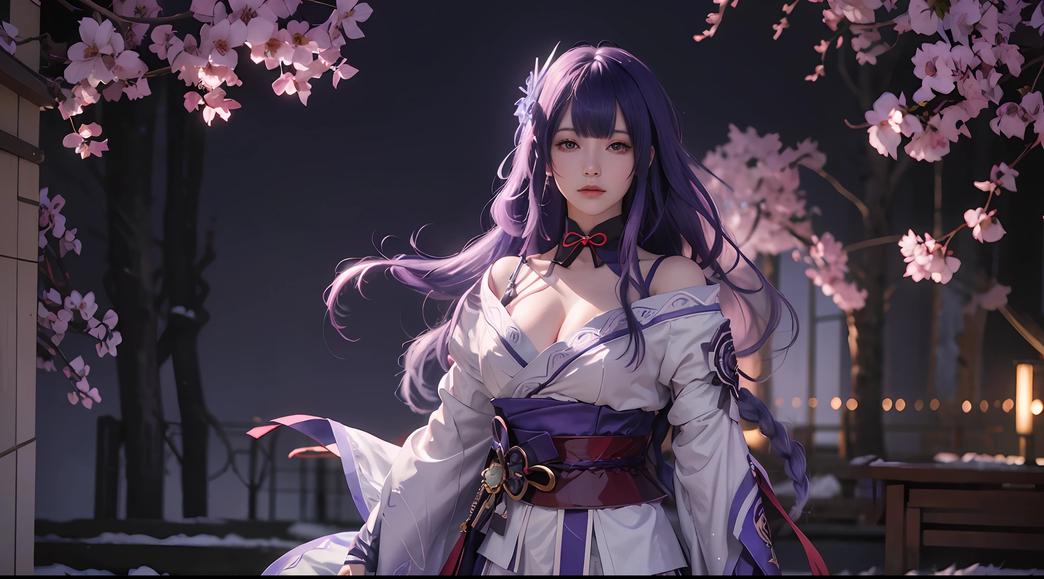 Raiden General Fine clothes White clothes Blunt bangs Braided (mid-chest: 1.4) cleavage Wide sleeve kimono Hair accessories Day clothes (red belt: 1.4) (light purple hair: 1.4) Very long hair, straight hair, delicate face, cold face, (smooth chin: 0.85), looking at the audience, beautiful eyes, detailed eyes, skirt, (sunset: 1.4), from the side, (cherry tree: 1.5), photon mapping, physically based rendering, RAW photos, highly detailed background, (Real photo: 1.35), high resolution, perspective, front, (ulzzang-6500: 0.4)