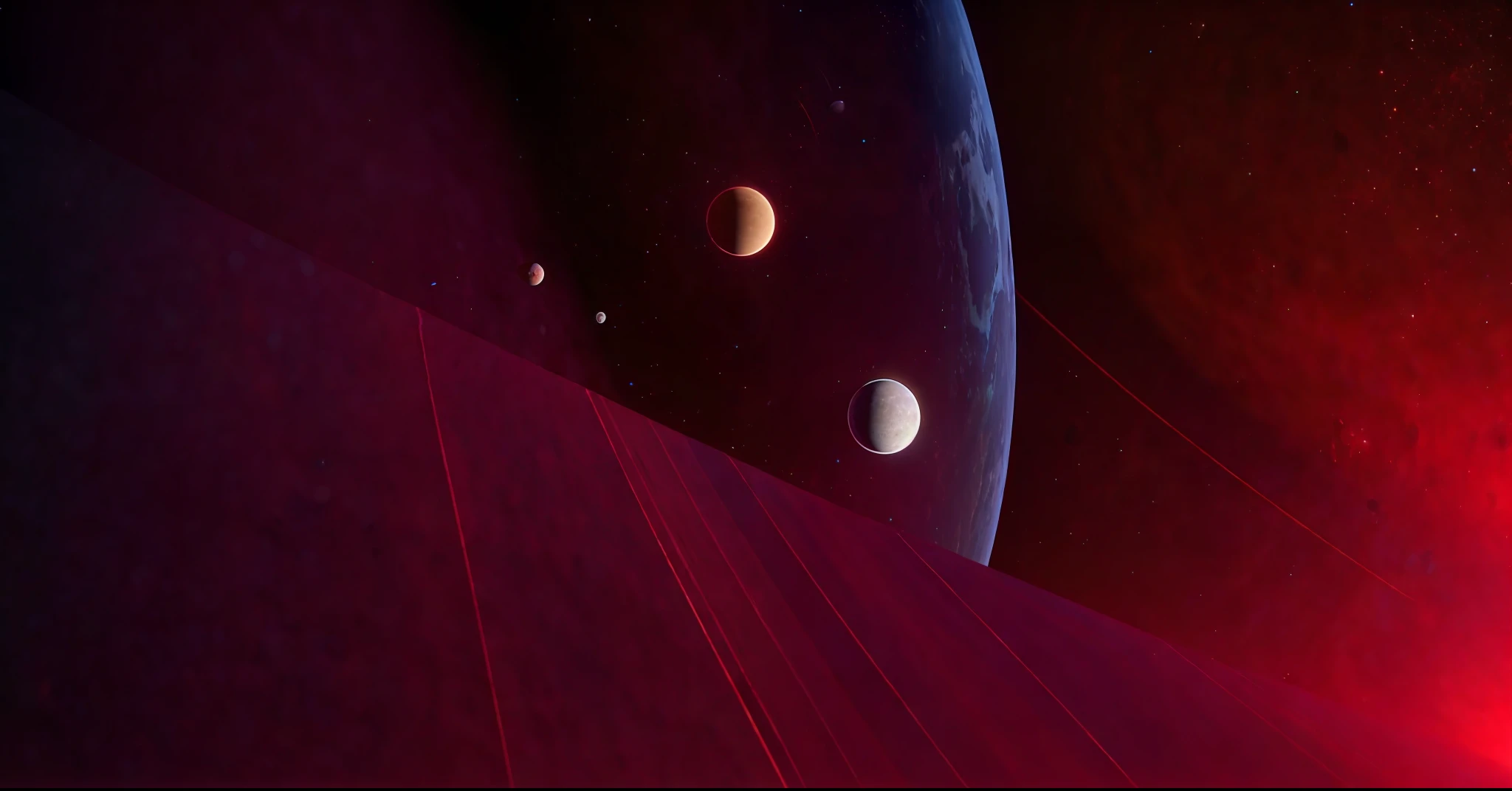 One planet, with two small moon, asteroid belt in ring, red shift render, detailed crimson, ultra detail. 3d render, blender, unity, unreal engine, cinematic composition, cinematic looks, perfect composition