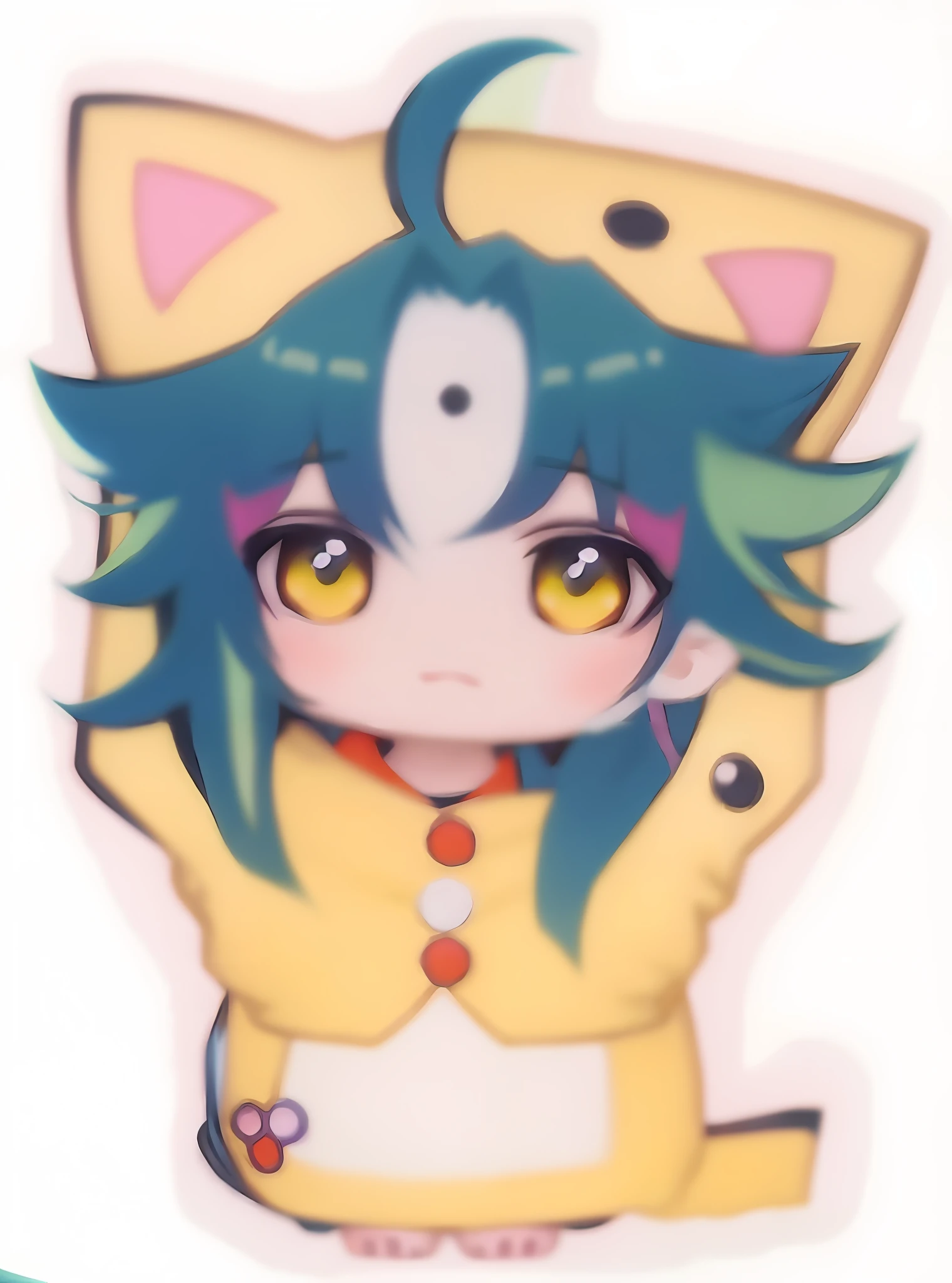 Anime boy with green hair and yellow eyes in a yellow coat, anime moe art style, cute!! chibi !!!, big forehead, cute anime cat, kawaii chibi, chibi, silno, anime chibi, 魭,genshin, chibi monster boy, no game no life, nefer pitu, chibi art, mikudayo, cute characters,