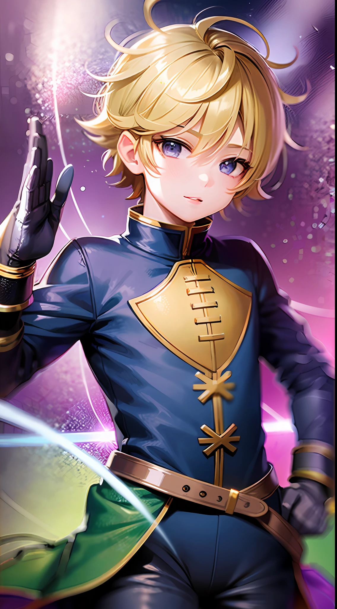 Little boy, short blonde hair, green eyes, purple fantasy clothes, super speed, masterpiece, high quality