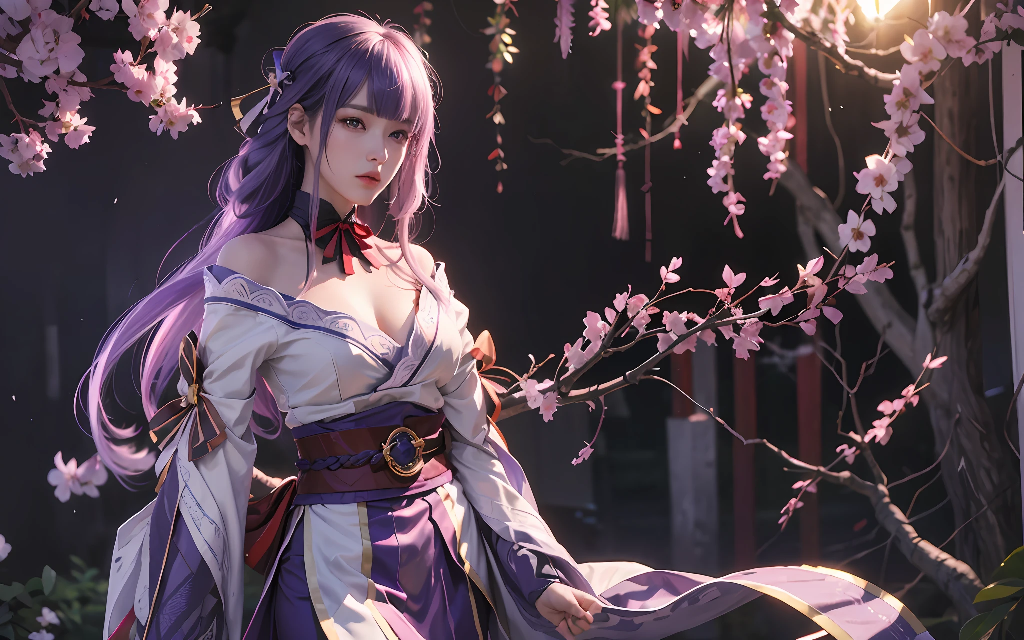 Raiden General Fine clothes White clothes Blunt bangs Braided (mid-chest: 1.4) cleavage Wide sleeve kimono Hair accessories Day clothes (red belt: 1.4) (light purple hair: 1.4) Very long hair, straight hair, delicate face, cold face, (smooth chin: 0.85), looking at the audience, beautiful eyes, detailed eyes, skirt, (sunset: 1.4), from the side, (cherry tree: 1.5), photon mapping, physically based rendering, RAW photos, highly detailed background, (Real photo: 1.35), high resolution, perspective, front, (ulzzang-6500: 0.4)