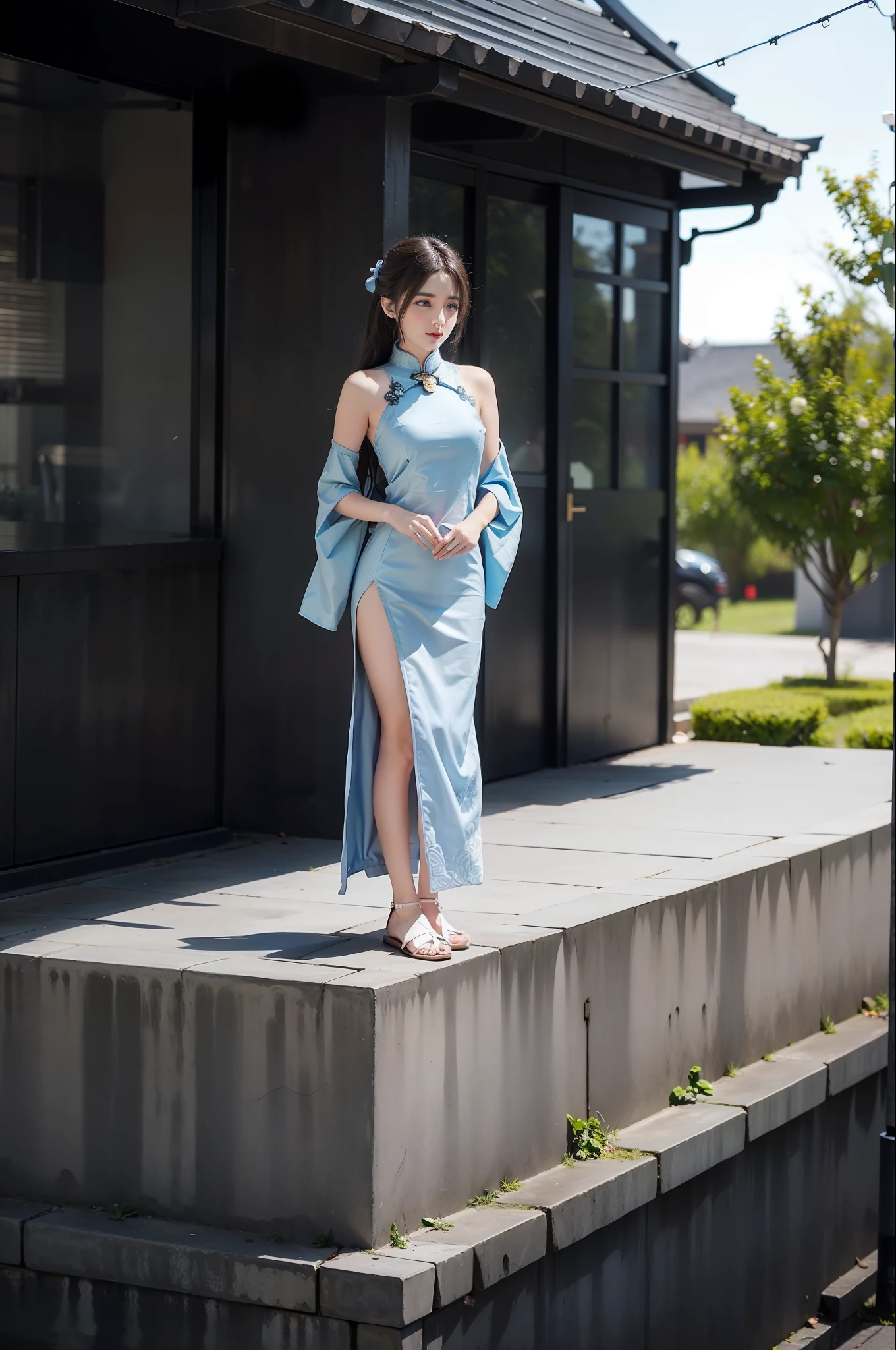 1 girl, single, 20 years old, blue eyes, tight cheongsam, hanfu, big breasts, chest close-up, full body proportions,
