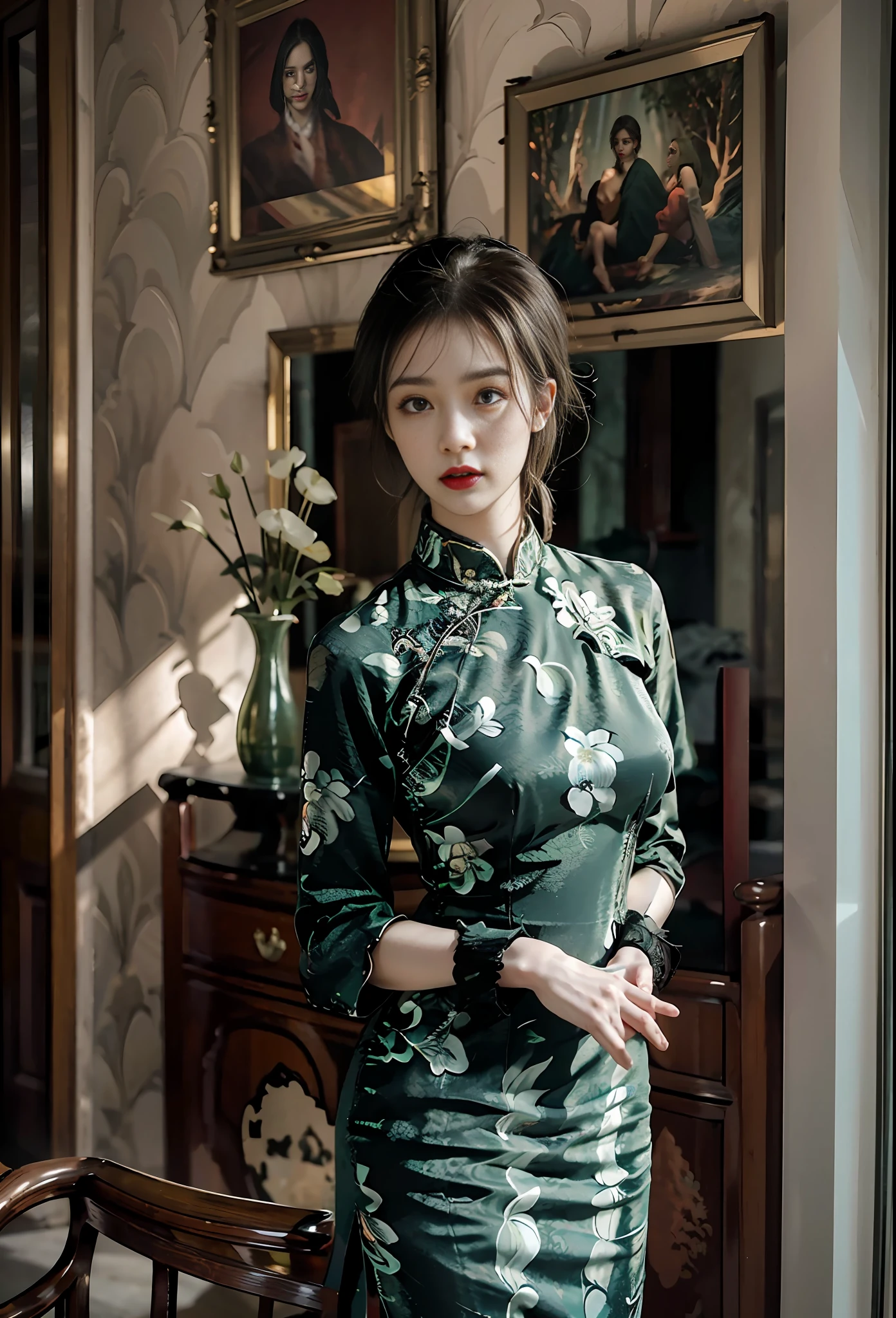 (green printed china dress),1 girl, (arms behind back:1.1),(realistic:1.7),((best quality)),absurdres,(ultra high res),(photorealistic:1.6),photorealistic,octane render,(hyperrealistic:1.2), (photorealistic face:1.2), (8k), (4k), (Masterpiece),(realistic skin texture), (illustration, cinematic lighting,wallpaper),( beautiful eyes:1.2),((((perfect face)))),(cute),(standing),(black hair),black eyes,red lips, (outdoors),