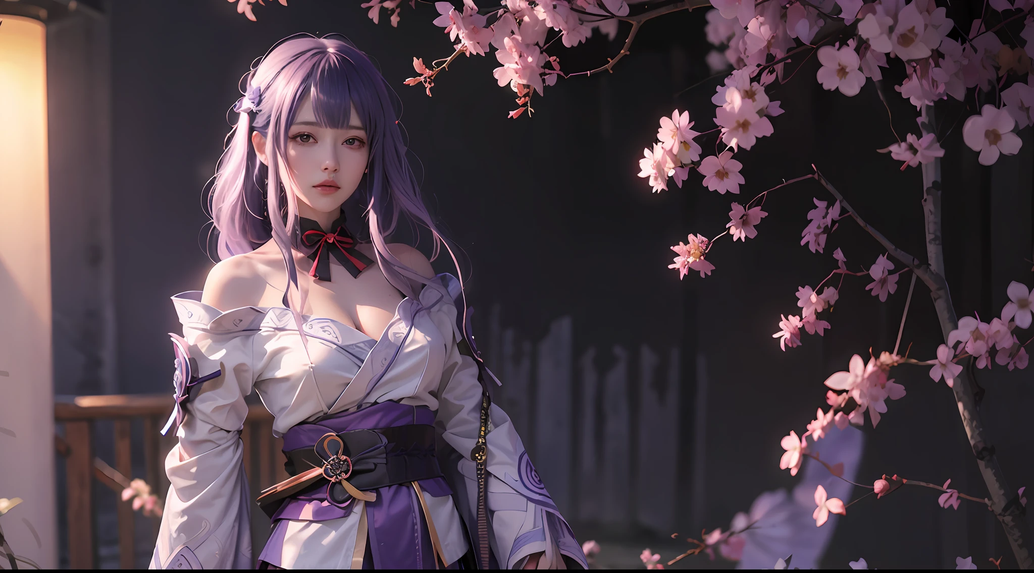Raiden General Fine clothes White clothes Blunt bangs Braided (mid-chest: 1.4) cleavage Wide sleeve kimono Hair accessories Day clothes (red belt: 1.4) (light purple hair: 1.4) Very long hair, straight hair, delicate face, cold face, (smooth chin: 0.85), looking at the audience, beautiful eyes, detailed eyes, skirt, (sunset: 1.4), from the side, (cherry tree: 1.5), photon mapping, physically based rendering, RAW photos, highly detailed background, (Real photo: 1.35), high resolution, perspective, front, (ulzzang-6500: 0.4)