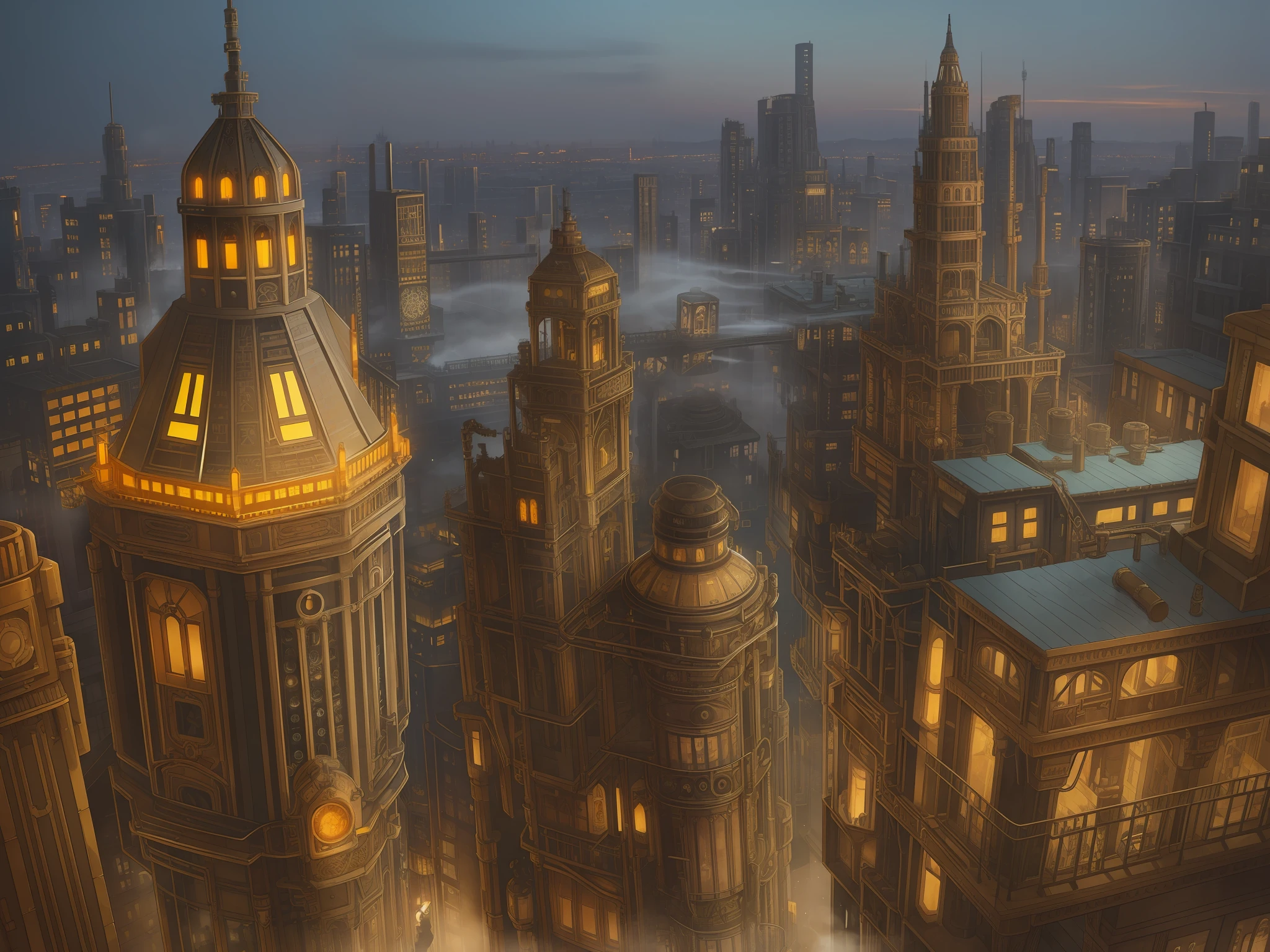 (en) intricate, extremely detailed steampunk cityscape, industrial, grungy, copper, bronze, smoke, gears, rusted pipes, billowing steam, illuminated windows, towering skyscrapers, futuristic airships, bustling crowds, dynamic energy