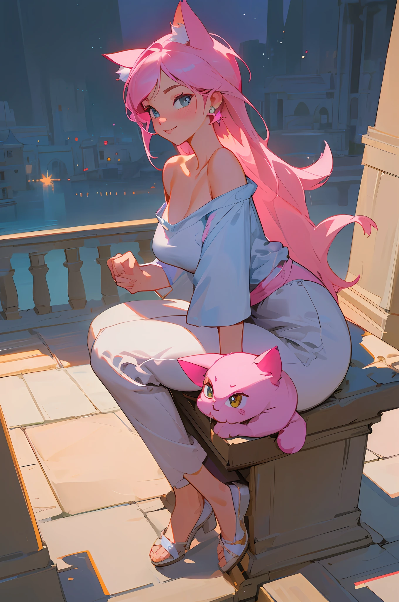 Jasmine, single woman, big tits , hug(( cat:pink , furry, cute. )) ((Skin Blue))(( yallow eyes)) ,solo, looking at the viewer, smile, shirt, bare shoulders, jewelry, sitting, full body, flower, earrings, pants, off shoulder, short top, make-up, sitting on the edge of the palace balcony, white tiles, night, stars , Off Shoulder Shirt (Realism: 1.2), (Realism), (Masterpiece: 1.2), (Best Quality), (Highly Detailed), (8k, 4k, Intricate), (Full Body Shot: 1), (85 mm), light particles, lighting, (highly detailed: 1.2), (face detailed: 1.2), (gradients), sfw, color, (eyes detailed: 1.2) (background detailed), landscape detailed, (dynamic angle: 1.2 ), (dynamic mode: 1.2), (third configuration rule: 1.3), (work path: 1.2) --style of Glen Keane