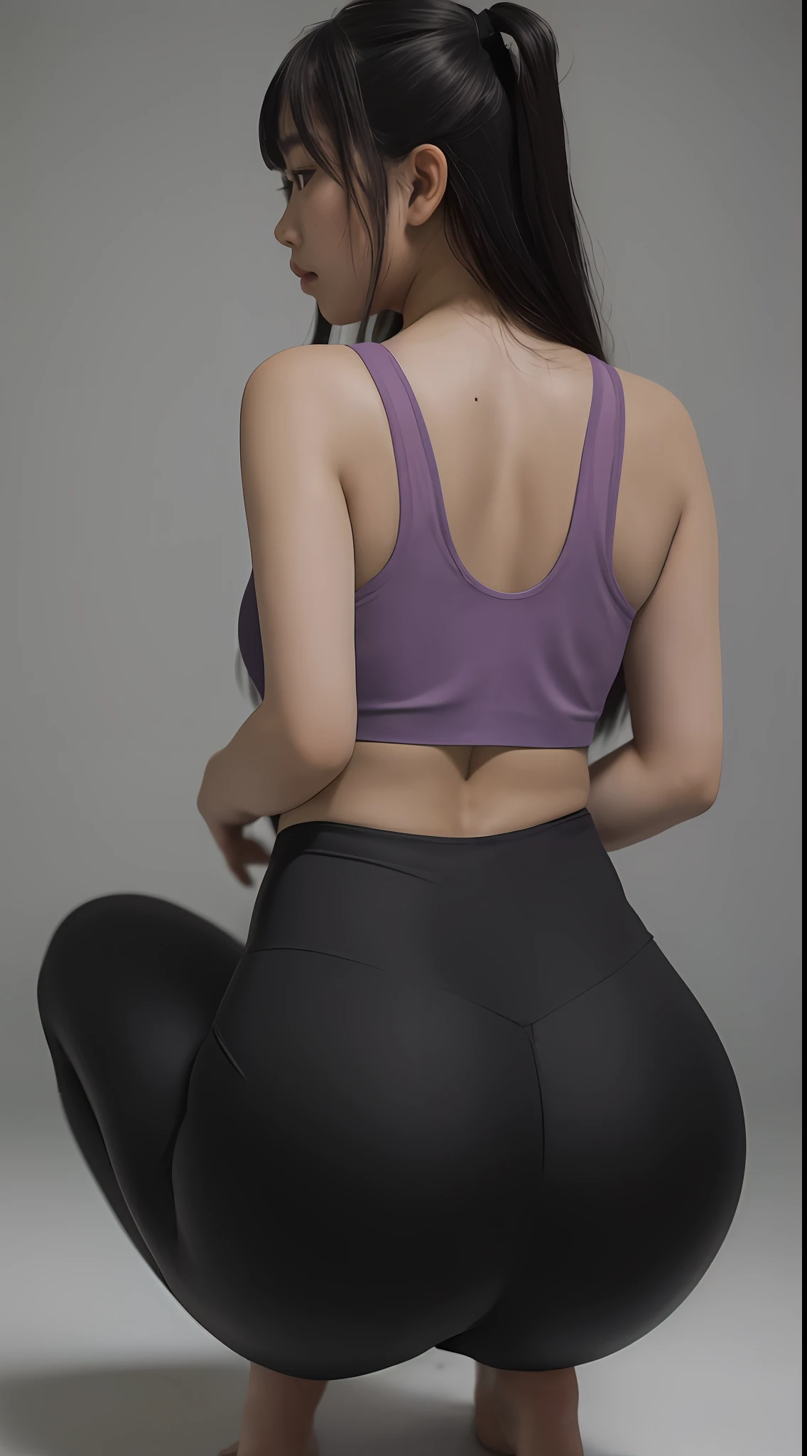 ((highres, best quality, 16k, masterpiece)), (an 18 year old Asian girl), solo, f/2.0, 85mm, (((sexy))), (detailed skin), ((thick thighs)), ((big ass)), wearing purple tank top and tight black leggings, squatting, shot from back, head facing forward