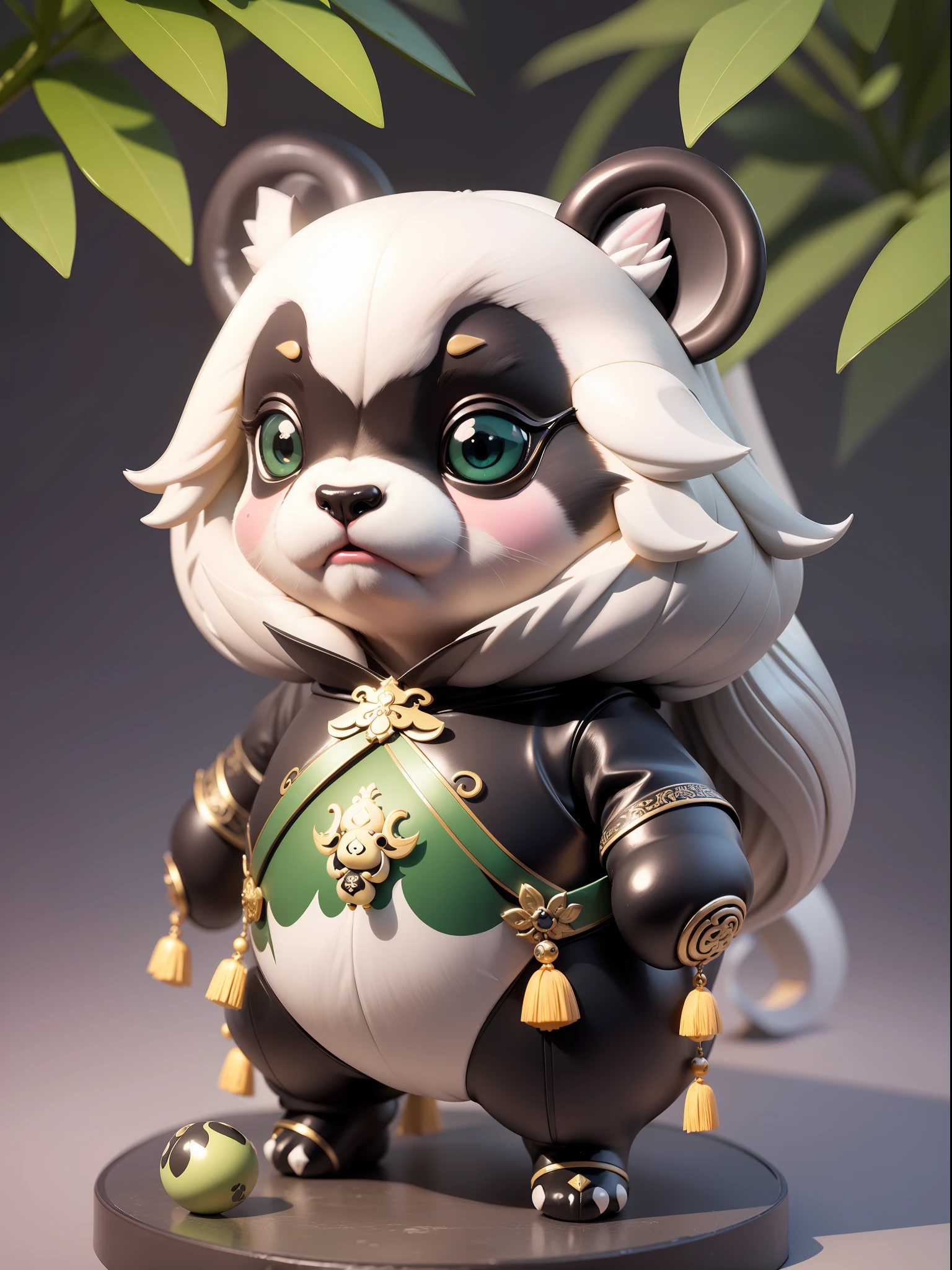 masterpiece, best quality,award winning, high quality, super detail, high details, textured skin, ccurate, UHD, anatomically correct,ull body, chibi, obverse, fashion toy, bubble hall style, ancient chinese mythical panda, black and white color scheme, kung fu panda, chivalrous panda with竹子, dark green竹子,trendy, cool, model, blind box toy, ip, pop bazaar, shiny材质,glossy,简单的premium color scheme, white clean background, 3d, octane, best quality,c4d,oc effect . pinterest, super detail