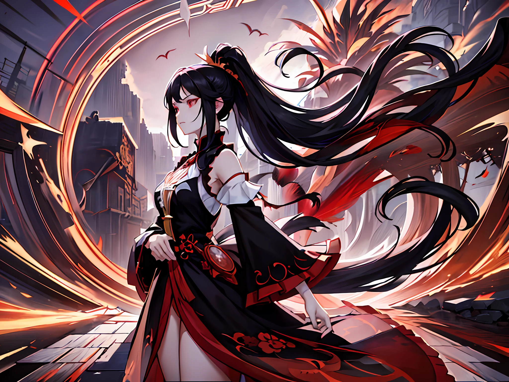 anime girl in a black and red dress with long hair, keqing from genshin impact, anime style 4 k, anime fantasy illustration, by Yang J, ayaka genshin impact, anime fantasy artwork, cushart krenz key art feminine, zhongli from genshin impact, black - haired mage, artgerm and atey ghailan