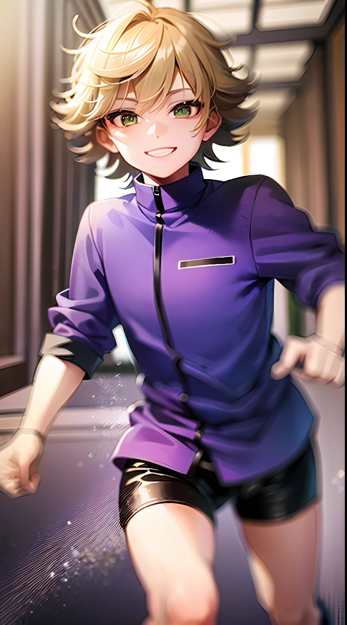 Little boy, short blonde hair, green eyes, purple fantasy clothes, running, smiling, super speed, masterpiece, high quality