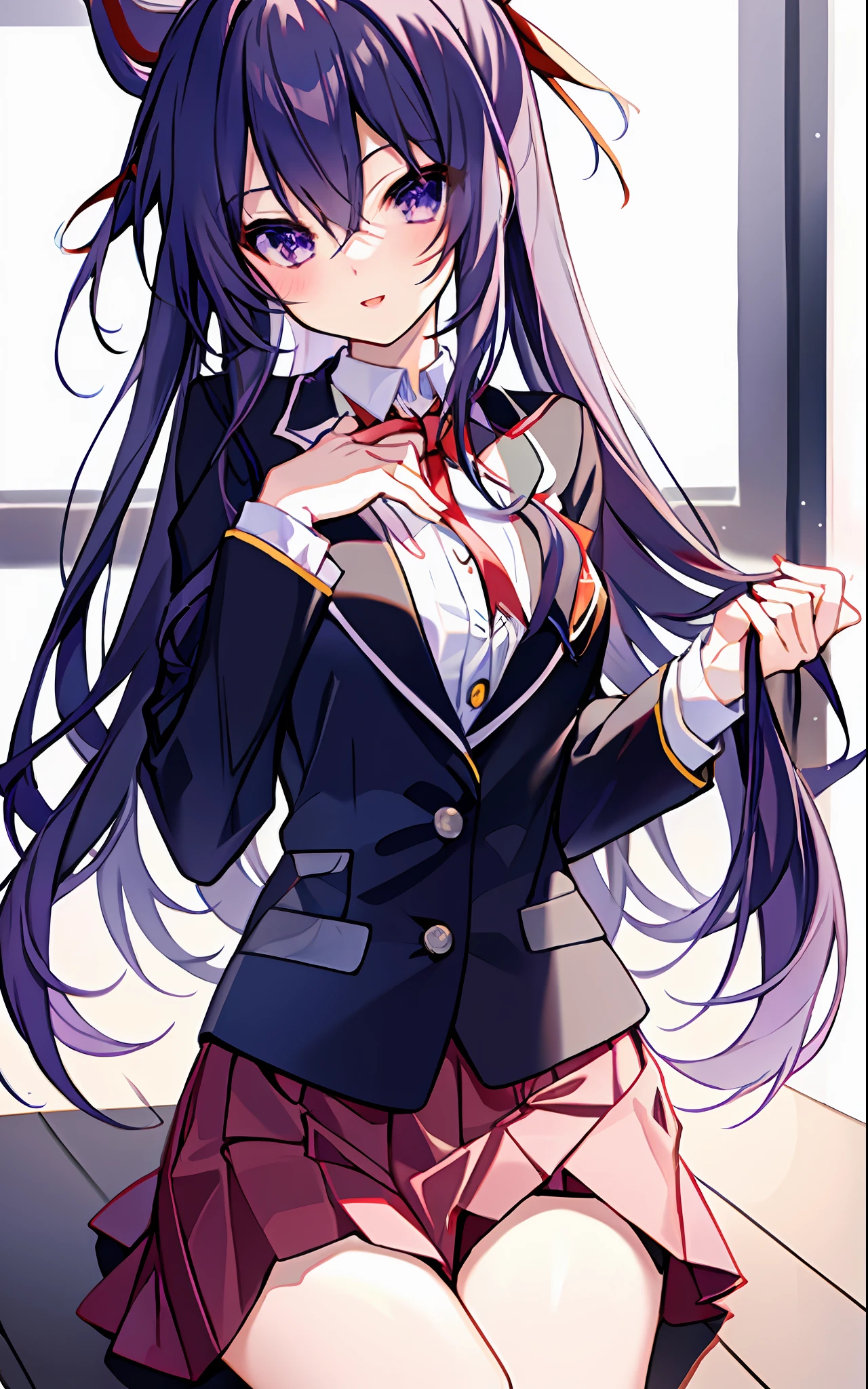 18 year old beautiful girl, masterpiece, best quality, 8K animation, detailed fingers, precise fingers, not unnatural hands, illustration, 1 girl, solo, red ribbon, black blazer, white shirt, red ribbon on chest, black mini skirt, TOHKA