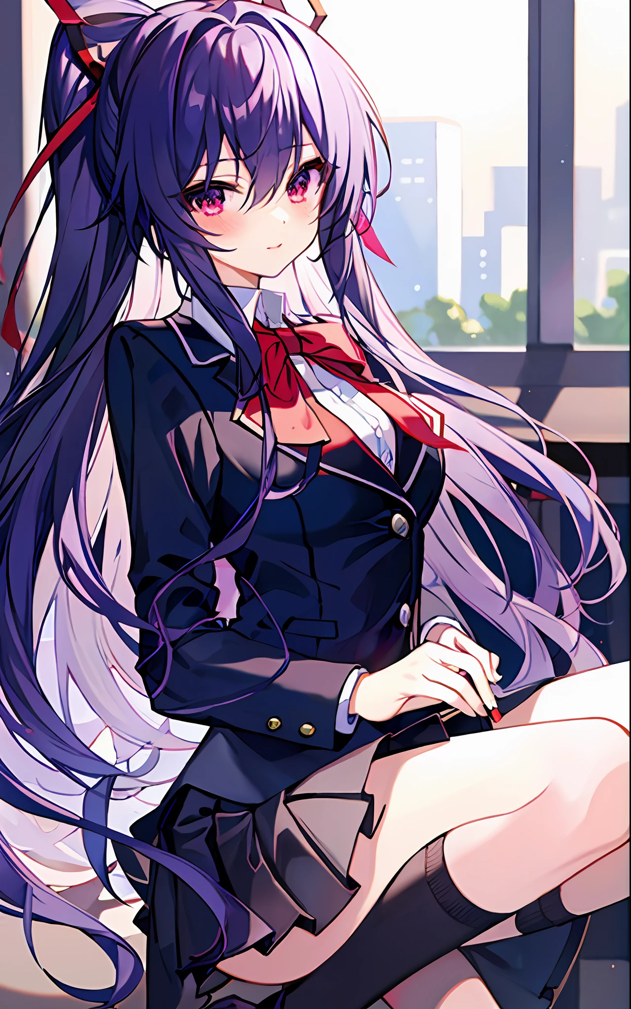18 year old beautiful girl, masterpiece, best quality, 8K animation, detailed fingers, precise fingers, not unnatural hands, illustration, 1 girl, solo, red ribbon, black blazer, white shirt, red ribbon on chest, black mini skirt, TOHKA