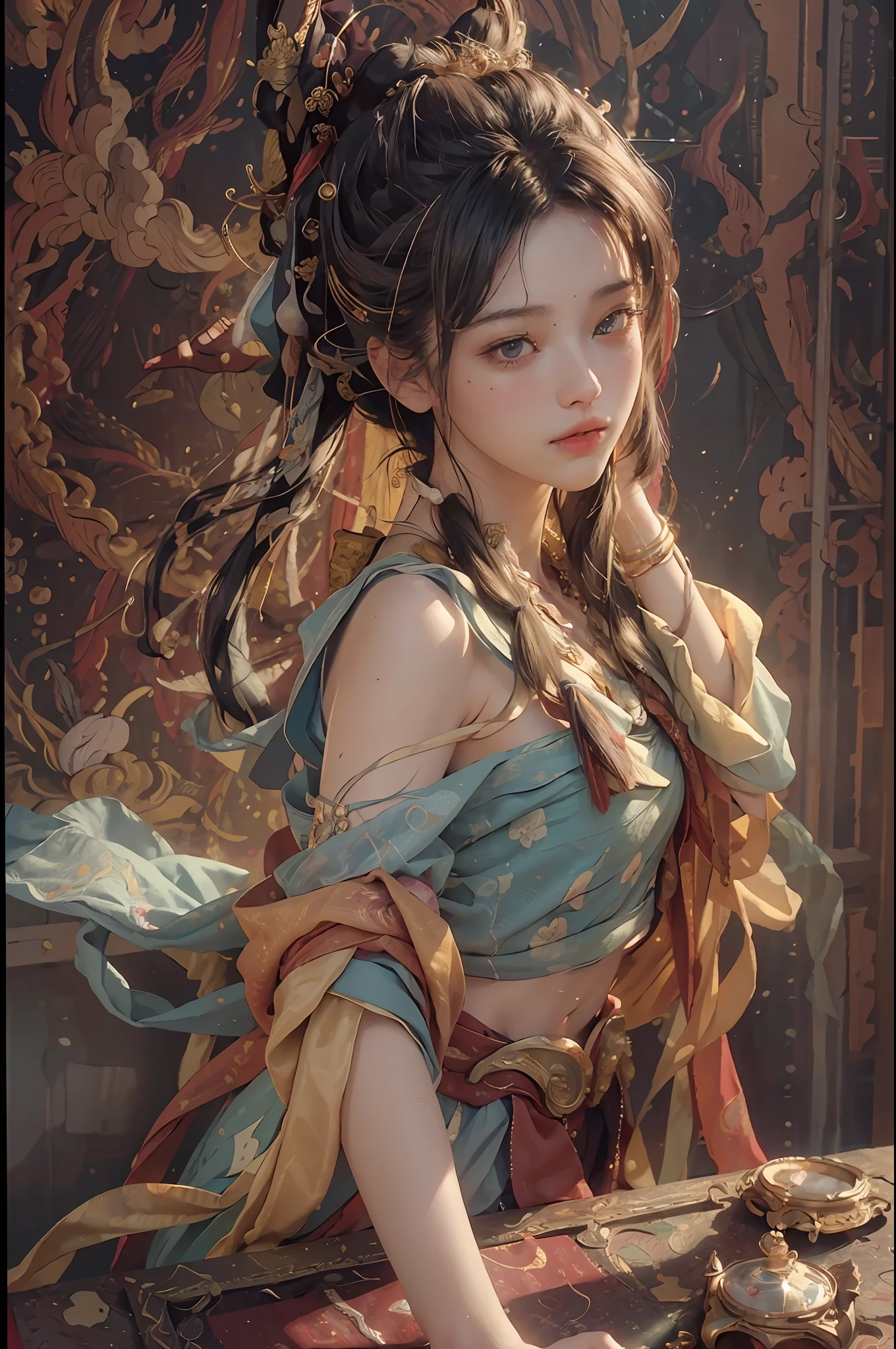 (RAW photo, best quality), (realistic, photo-realistic:1.3),best quality,highly detailed,masterpiece,ultra-detailed,illustration,1girl,upper_body,dynamic angle,world masterpiece theater,messy_long_hair,best quality,extremely detailed CG unity 8k wallpaper,ink,Amazing,cinematic lighting,lens_flare, dunhuang_style