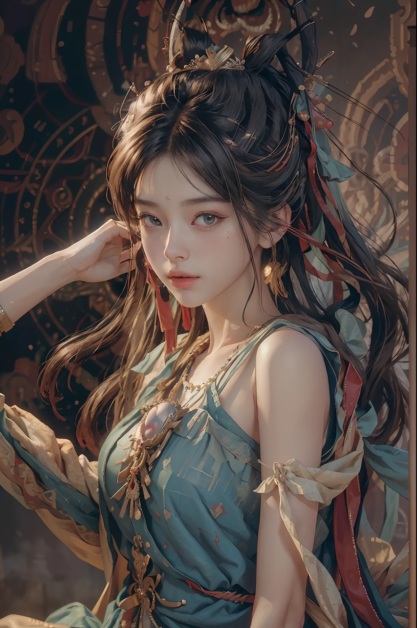 (RAW photo, best quality), (realistic, photo-realistic:1.3),best quality,highly detailed,masterpiece,ultra-detailed,illustration,1girl,upper_body,dynamic angle,world masterpiece theater,messy_long_hair,best quality,extremely detailed CG unity 8k wallpaper,ink,Amazing,cinematic lighting,lens_flare, dunhuang_style