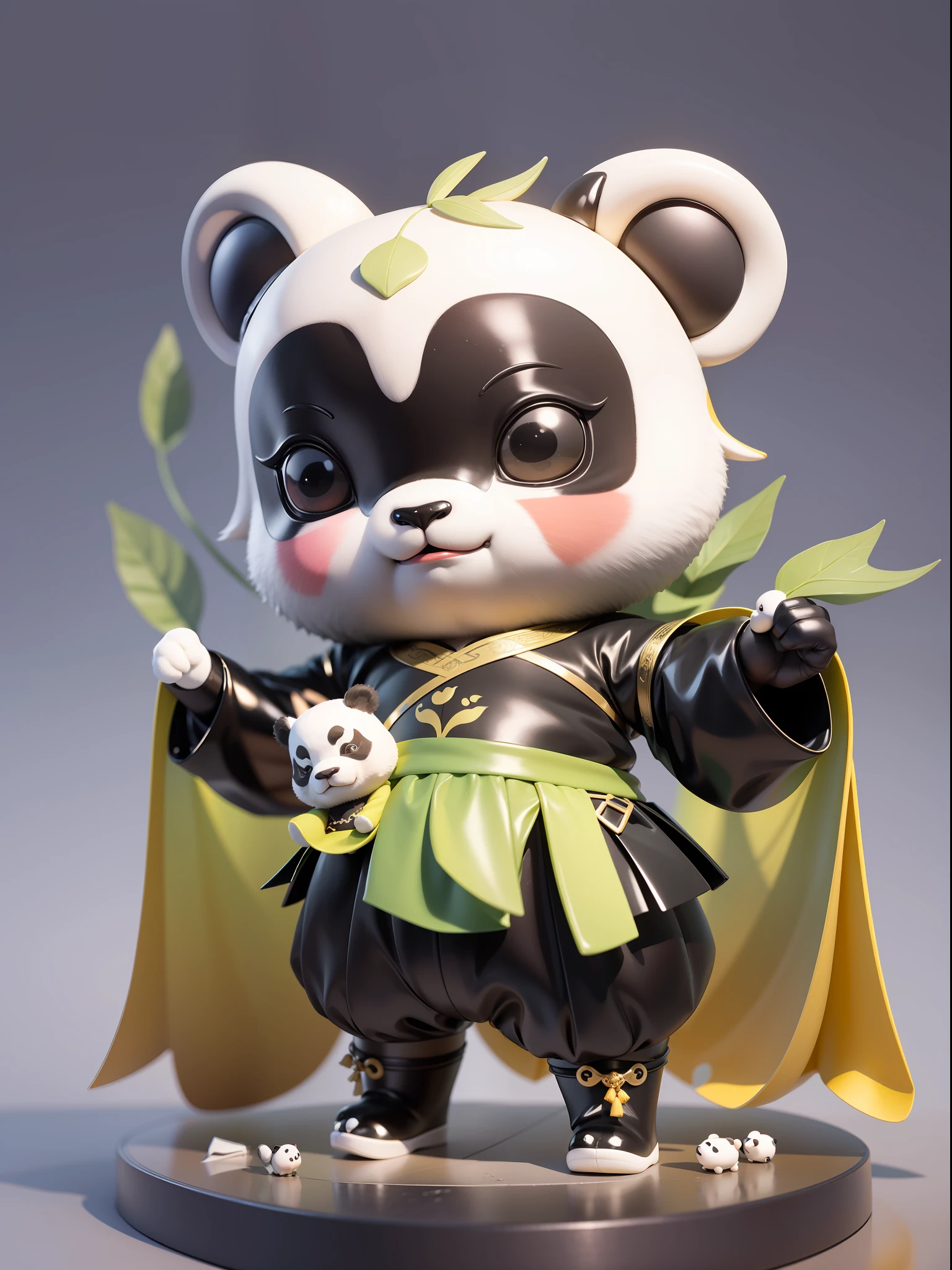 masterpiece, best quality，award winning, high quality, super detail, high details, textured skin, ccurate, UHD, anatomically correct,ull body, chibi, obverse, fashion toy, bubble hall style, ancient chinese mythical panda, black and white color scheme, kung fu panda, chivalrous panda with竹子, dark green竹子，trendy, cool, model, blind box toy, ip, pop bazaar, shiny材质，glossy,简单的premium color scheme, white clean background, 3d, octane, best quality,c4d,oc effect . pinterest, super detail