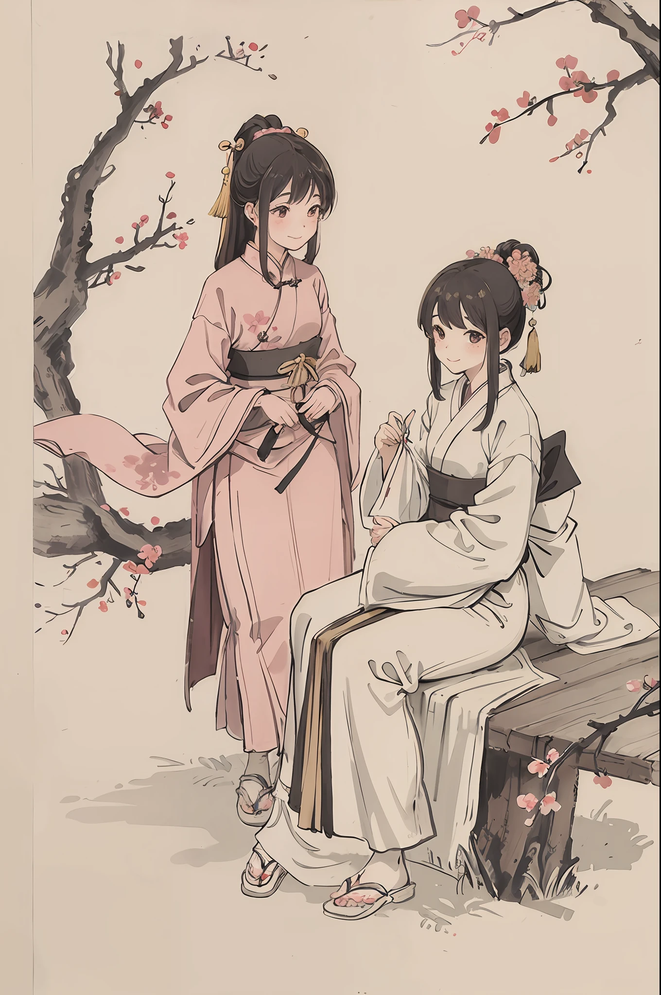 (Masterpiece, best quality: 1.2), traditional Chinese ink painting, under a plum blossom tree, two women in long robes talking, smiling