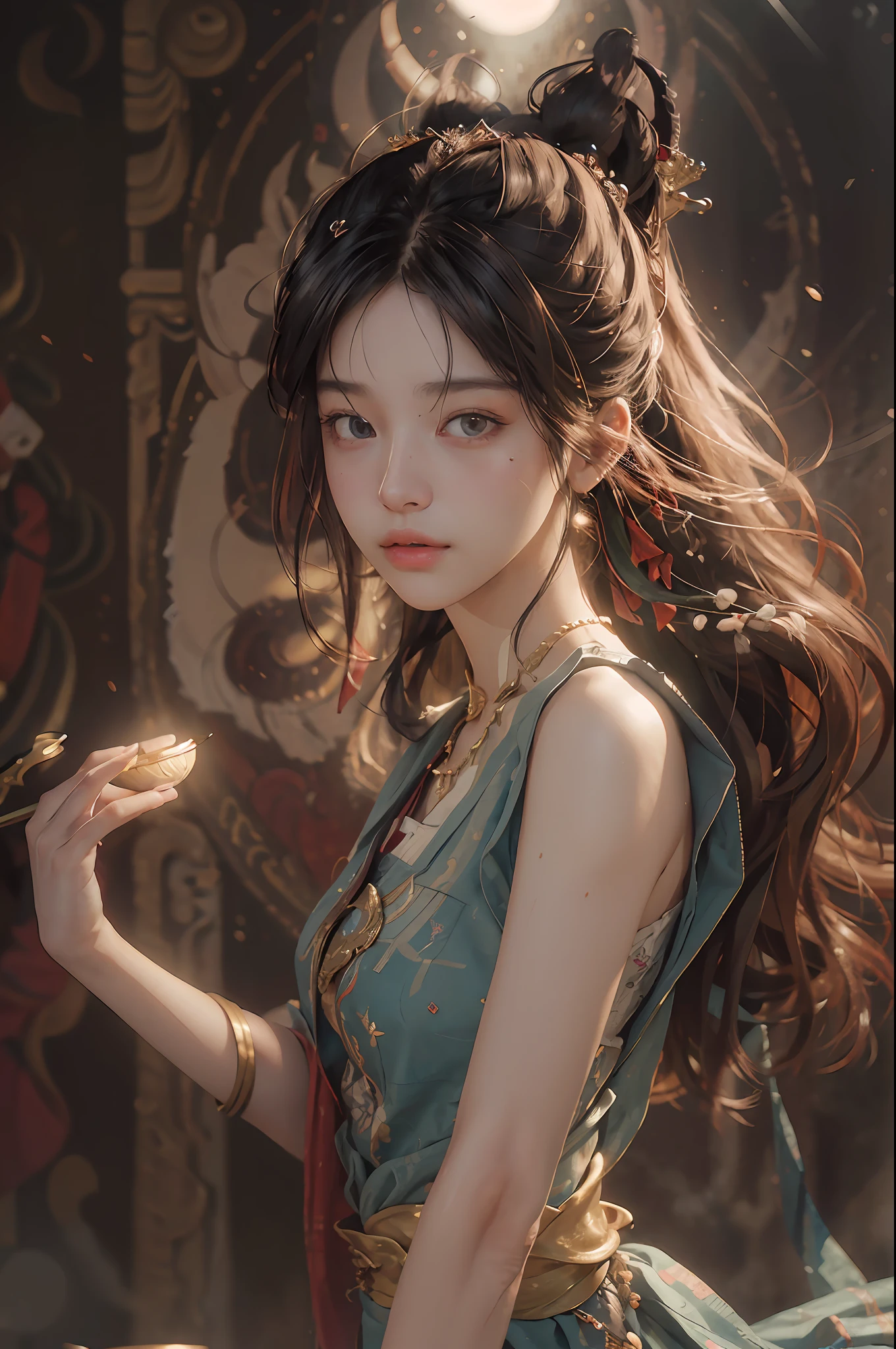 (RAW photo, best quality), (realistic, photo-realistic:1.3),best quality,highly detailed,masterpiece,ultra-detailed,illustration,1girl,upper_body,dynamic angle,world masterpiece theater,messy_long_hair,best quality,extremely detailed CG unity 8k wallpaper,ink,Amazing,cinematic lighting,lens_flare, dunhuang_style