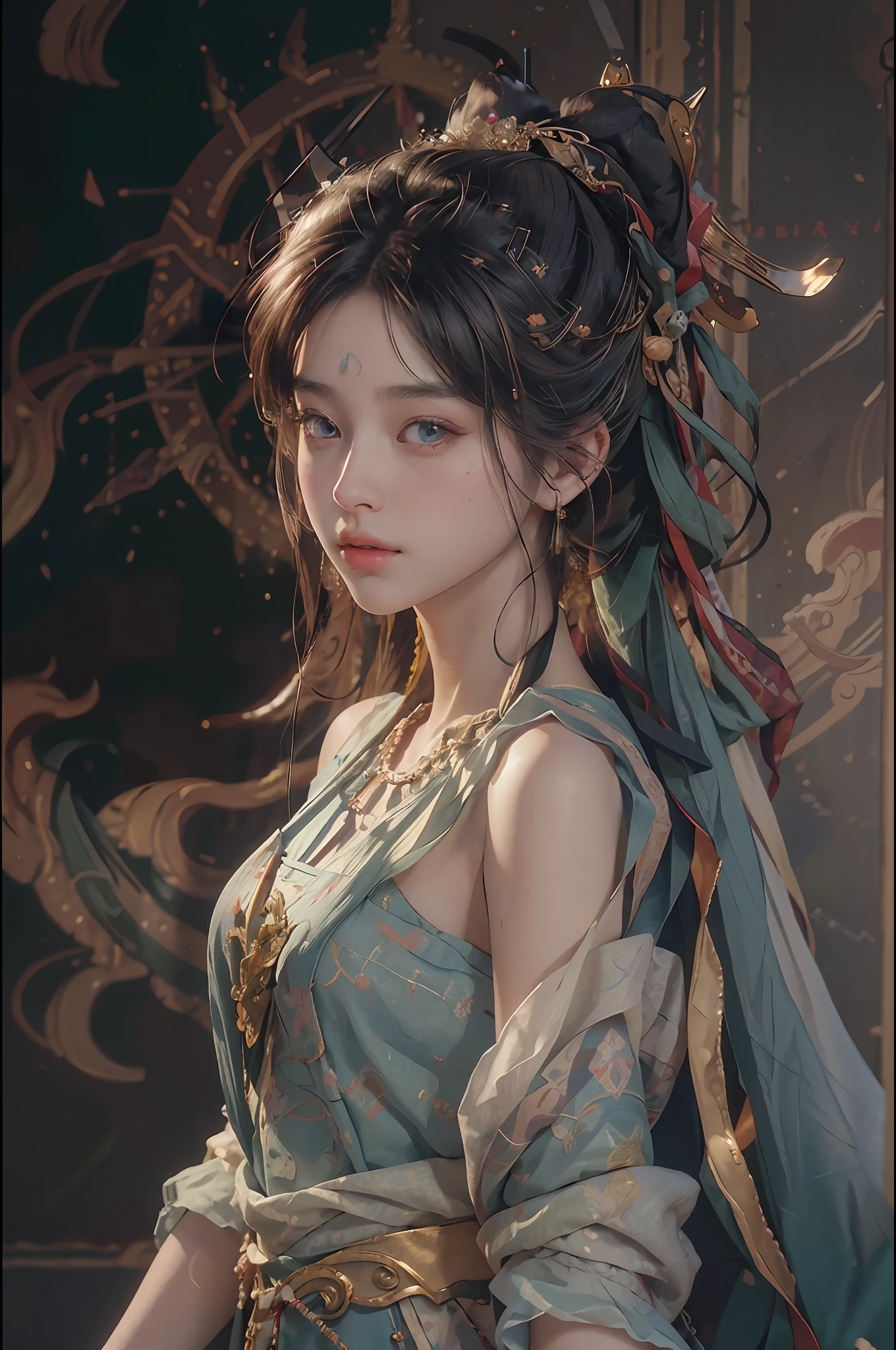 (RAW photo, best quality), (realistic, photo-realistic:1.3),best quality,highly detailed,masterpiece,ultra-detailed,illustration,1girl,upper_body,dynamic angle,world masterpiece theater,messy_long_hair,best quality,extremely detailed CG unity 8k wallpaper,ink,Amazing,cinematic lighting,lens_flare, dunhuang_style