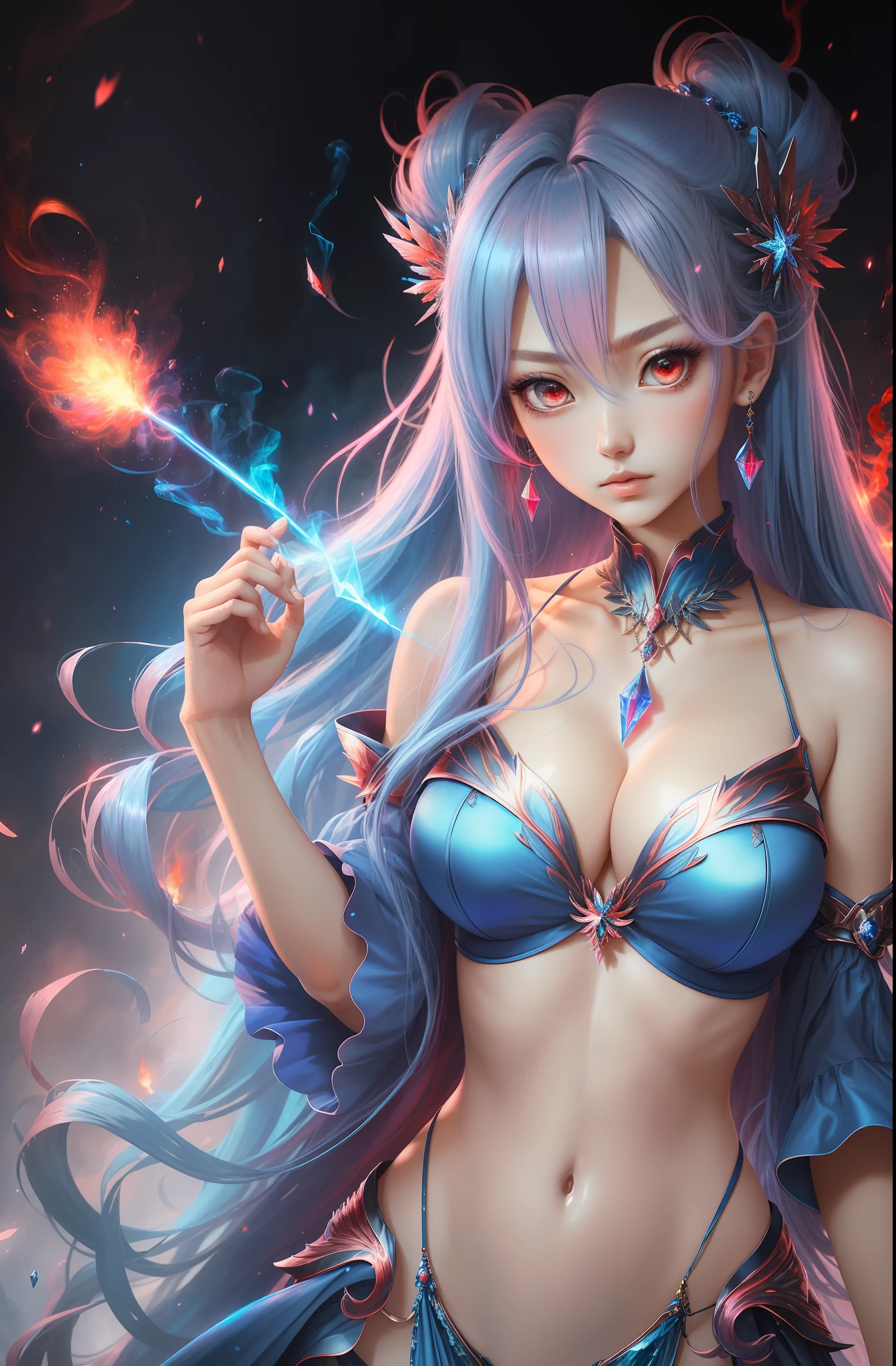 Masterpiece, top quality, pink hair, blue lightning, pointing the finger at yourself. Realistic, realistic details, details. Blue clothes. Blue thunder. Blue crystal. Airborne particles. Blue smoke. Blue crystals around. Blue smoke wafting around.
1 girl, beauty, seductive face,, fine skin, anicos_inori,, long hair, navel, parted sleeves, bare shoulders, center opening, cleavage, middle chest, long feathered hair clip, blue hair ornament, red eyes, thigh height,look at viewer,otherworldly, red dress. Yami Ochi. Luminous eyes.