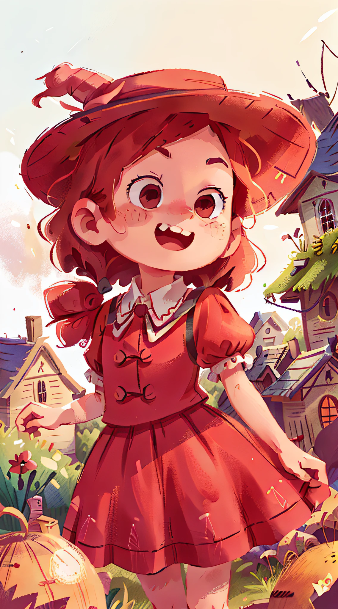 (SFW), a girl in a red top hat, happy, village in the background, perfect quality, clear focus, perfect face, intricate details, ultra-low viewing angle, wide angle lens