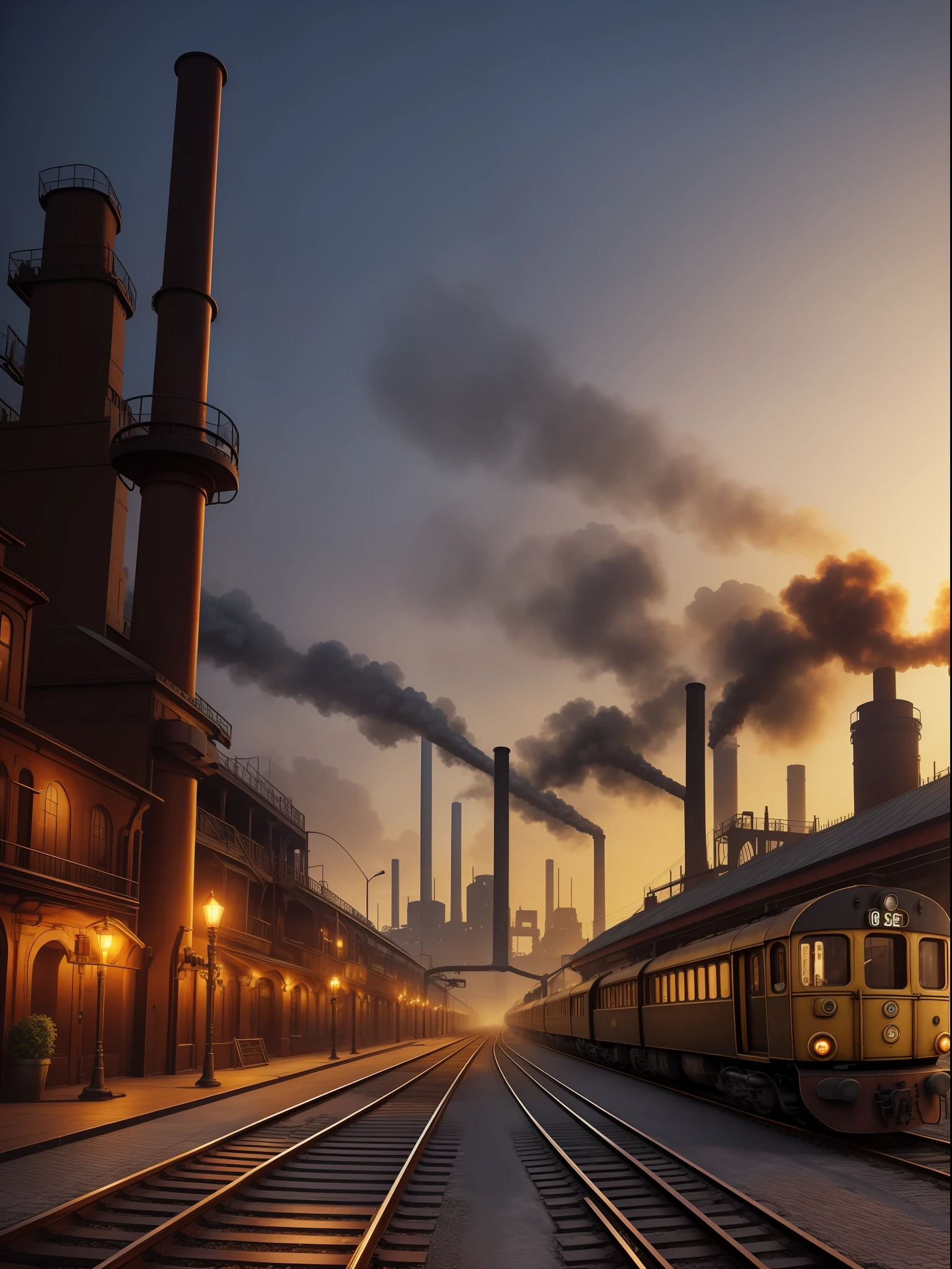 Detailed and ultra-realistic "steampunk cityscape" with dense smog, tall chimneys, and industrial factories. The towering buildings in the background feature intricate details such as clockwork gears and twisting pipes. A rusty train track runs through the foreground, with a steam-powered locomotive chugging along. The city is bathed in a yellow-orange glow from the pollution and streetlights, creating an ominous and eerie atmosphere.