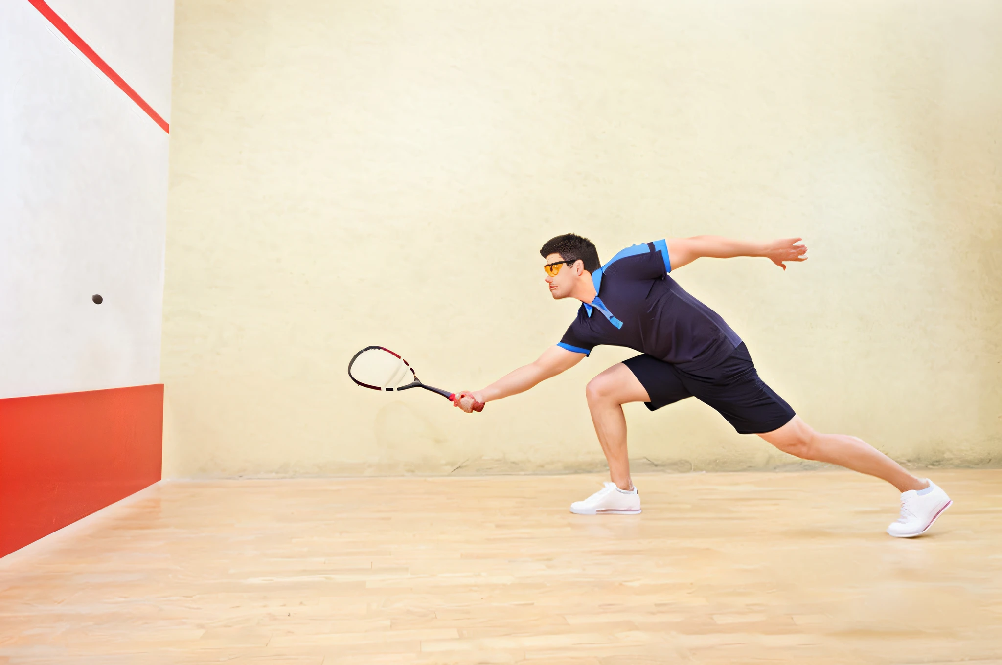 There is a man playing squash in the room with a racket in his hand, dynamic action shot, indoor shot, squash, wide angle dynamic action shot, hip and leg action shot, leg shot, sports photography, in action pose, athlete photography, HD