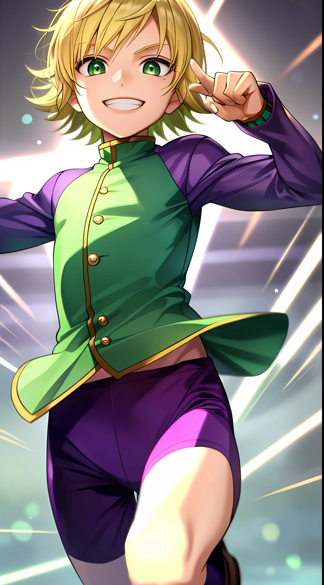 Little boy, short blonde hair, green eyes, purple fantasy clothes, running, smiling, super speed, masterpiece, high quality
