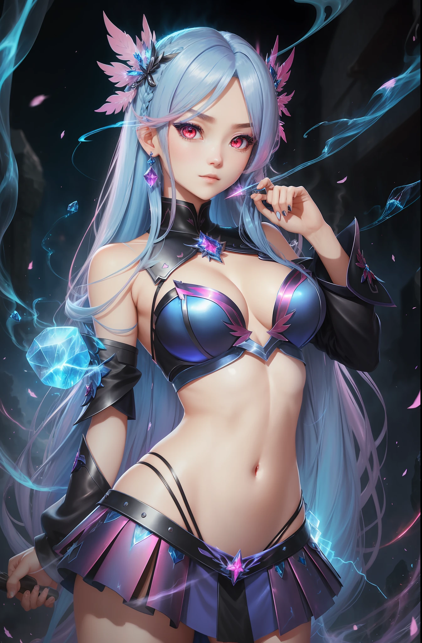 Masterpiece, top quality, pink hair, blue lightning, pointing the finger at yourself. Realistic, realistic details, details. Blue clothes. Blue thunder. Blue crystal. Airborne particles. Blue smoke. Blue crystals around. Blue smoke wafting around. Walk.
1 girl, beauty, seductive face,, fine skin, anicos_inori,, long hair, navel, parted sleeves, bare shoulders, center opening, cleavage, middle breast, long feathered hair clip, blue hair ornament, red eyes, thigh height,look at viewer,isekai,mini skirt、darkness ochi. Luminous eyes.