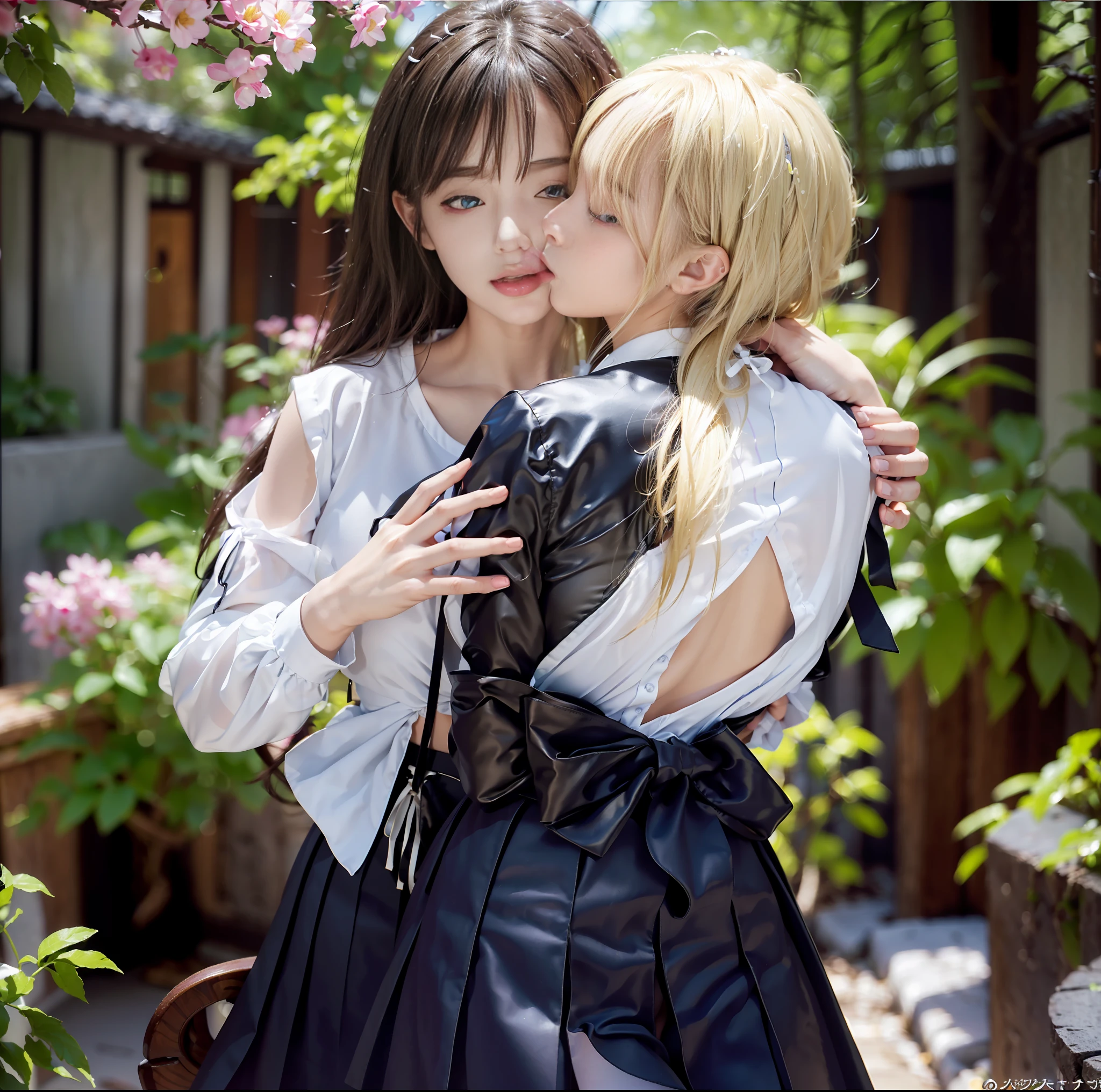 (Best Quality), (Masterpiece), (Raw photo), Master, Very beautiful, High Definition CG, 8k Wallpaper, Amazingly Fine Detail, Official Art, Huge File Size, High Resolution, Darkness, Atmosphere, Mystical, Romanticism, Spooky, Literature, Art, Fashion, Elegant, (Perfect Anatomical Depiction of the Human Body))), Two s kiss in a flower garden, (kiss), (Close your eyes), (sticking out their tongues), (two are of different races), qincai, one has blonde blue eyes and long hair that is partially braided, (blonde blue-eyed people hug and kiss from behind),
mix4, One is a twin-tailed brunette Japan with beautiful whitening skin, (Japan people are hugged from behind and turn around and kiss), (very huge), (super big), (thin waist), (big buttocks), (thin thighs), (skin turns white), baby face, ((neat white blouse of smooth thin fabric with ribbon tie)), (blouse chest is very cramped), (no bra), (dark areola), (blouse is crushing large breasts),
((Ultra Micro Mini Pleated Skirt)), (Skirt length short enough to show buttocks), (White underwear), (No skin exposed on upper body), (All button closures and neat clothing), Shots from different angles, (frame-in from thighs up), Garden with soft sunshine, (Flowers are in full bloom), (backlit photography), Ribbon tie, Accessories piercing only, grabbing from behind,
