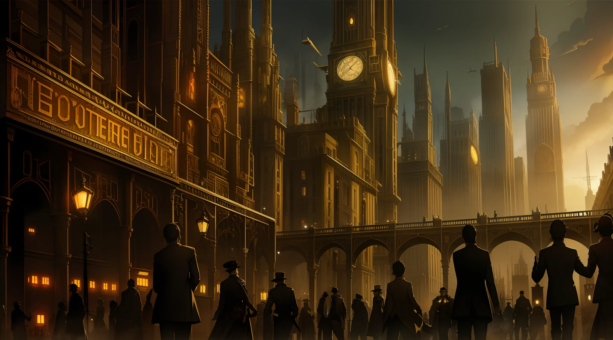 Detailed, high-quality steampunk cityscape with an industrial aesthetic and intricate details. Dark and moody atmosphere with flickering gas lamps and steam-powered machinery. Tall skyscrapers towering over the streets, adorned with gears and metal plating. Busy streets filled with airships, zeppelins, and other flying machines. Clockwork automatons marching through the crowds. Make it feel both futuristic and from a bygone era.