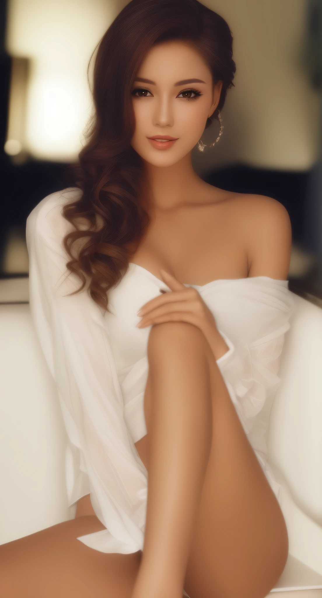 A beautiful woman in white sits on the sofa with her legs crossed and with a seductive smile, jaw-dropping beauty, very seductive pose, dressed in white