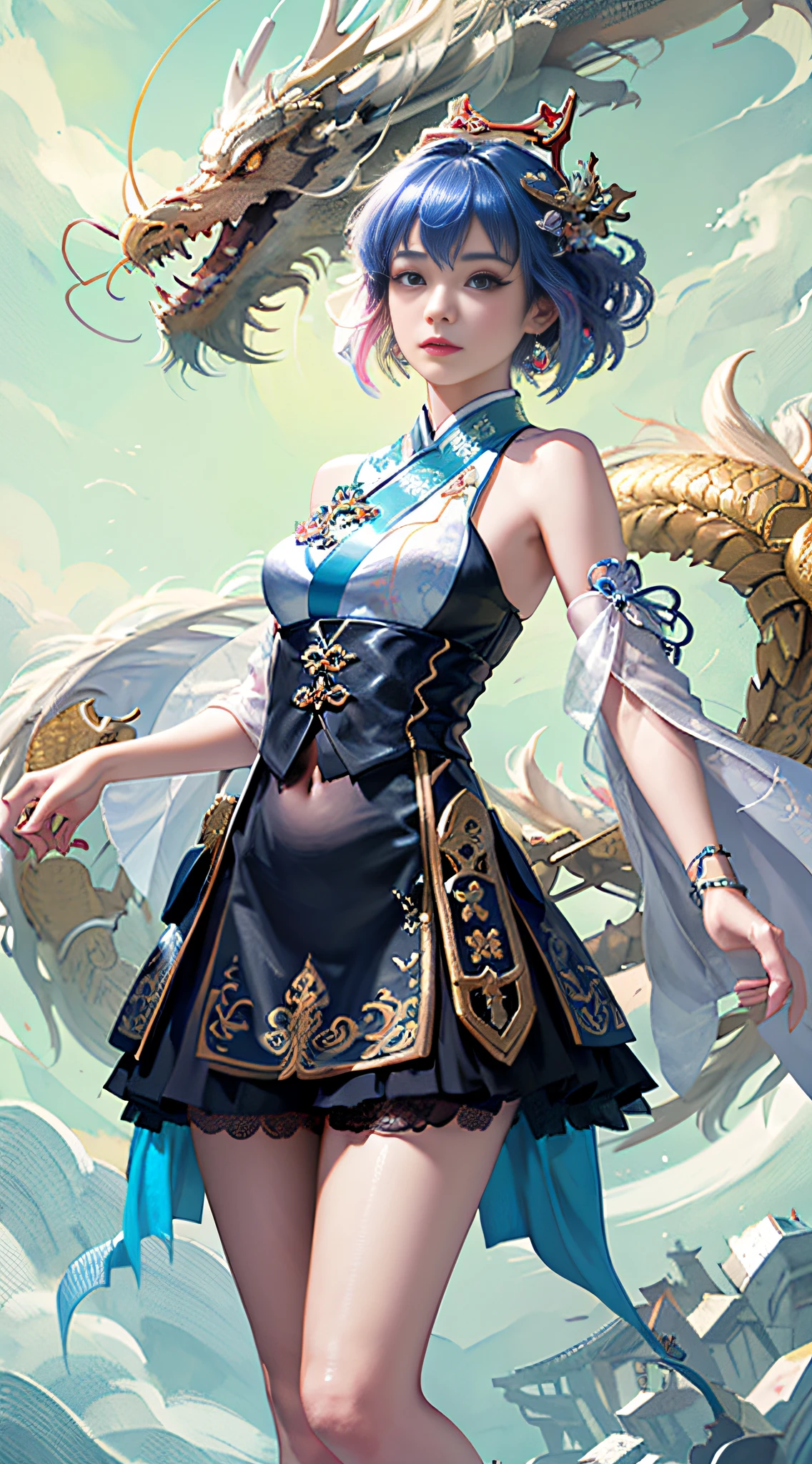 Official Art, Unified 8K Wallpapers, Ultra Detailed, Beautiful and Aesthetic, Masterpiece, Best Quality, (Zentangle, Tangle, Entangle), (fractal art: 1.4), (character center: 1.3), 1girl, black hair, Chinese, off-the-shoulders, short skirt, calf, navel, very detailed, dynamic angle, cowboyshot, (most beautiful form of chaos), ethereal, (bright colors), oc, (half: 1.2), china, (thangka flying sky: 1.5), (ribbon: 1.3), (dream: 1.5), (hanfu: 1.5), Chinese dragon, Chinese phoenix, (smile: 0.5), ( Chinese deities),