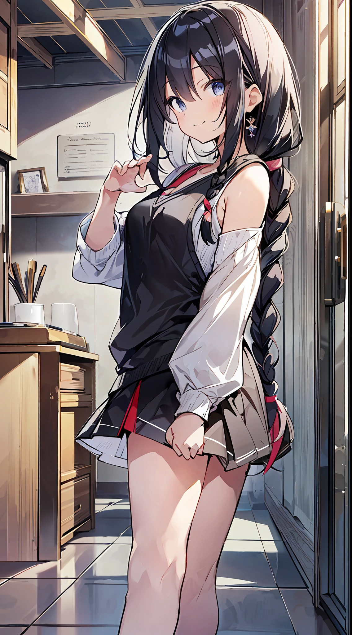 Top Quality, Best Masterpiece, Ultra High Definition, 8K, White Sweater Vest, Anime Style Little , Single, Ultra Detailed Line Art, Digital Enhancement, Anime Core, Flowing Fabric, Close Up, ((Hair length to shoulder mouth and short braid)), staring at us from the front, Soft drawing, Beautiful black hair, (((Littanime style)), crisp eyes, teasing smile, Highfive, ultra-detailed digital anime art, clear face depictions, ultra-detailed anime character art, ultra-detailed manga style, top quality colors, hand gestures, foot-up angles, indoor