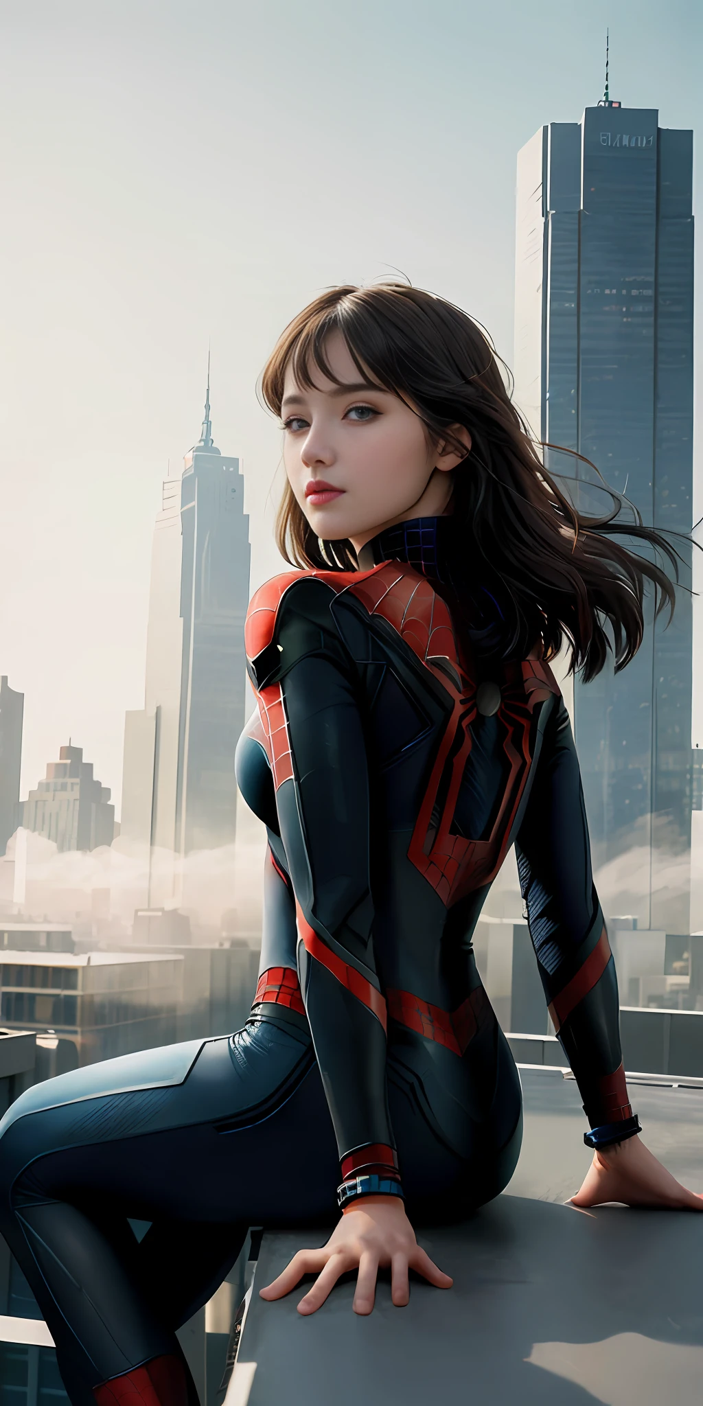 (1girl:1.3), Solo, (((Very detailed face)))), ((Very detailed eyes and face)))), Beautiful detail eyes, Body parts__, Official art, Unified 8k wallpaper, Super detailed, beautiful and beautiful, beautiful, masterpiece, best quality, original, masterpiece, super fine photo, best quality, super high resolution, realistic realism, sunlight, full body portrait, amazing beauty, dynamic pose, delicate face, vibrant eyes, (from the front), She wears Spider-Man suit, red and black color scheme, spider, very detailed city roof background, rooftop, overlooking the city, detailed face, detailed complex busy background, messy, gorgeous, milky white, highly detailed skin, realistic skin details, visible pores, clear focus, volumetric fog, 8k uhd, DSLR, high quality, film grain, fair skin, photo realism, lomography, futuristic dystopian megalopolis, translucent