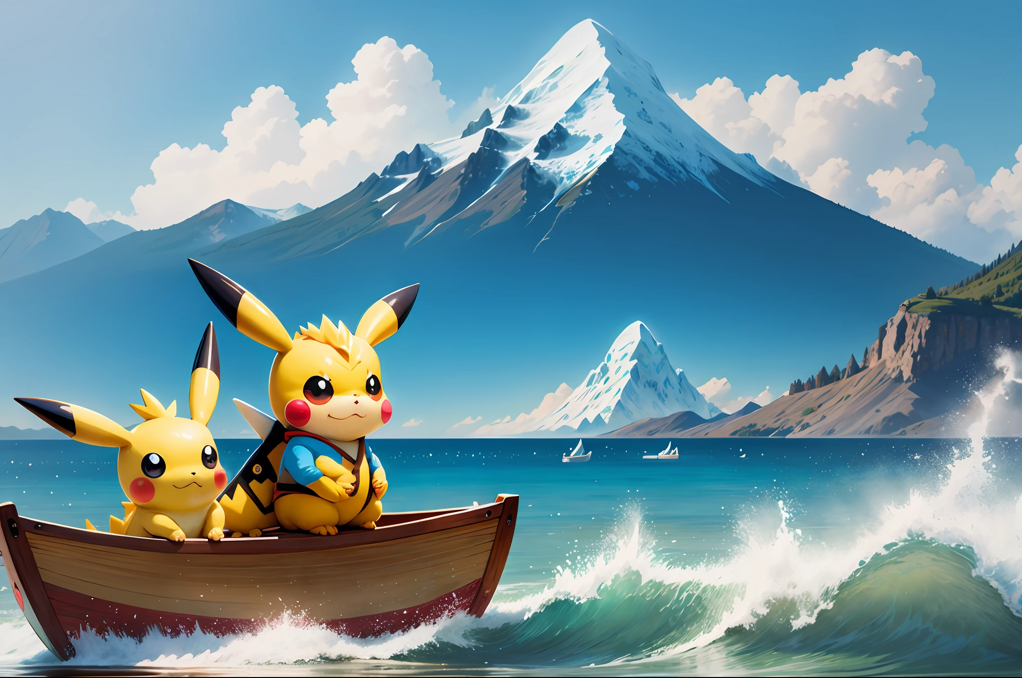 Cute Pokémon Pikachu rowing a dragon boat showing surfing with a blue sky in the background and the silhouette of a mountain looming in the distance